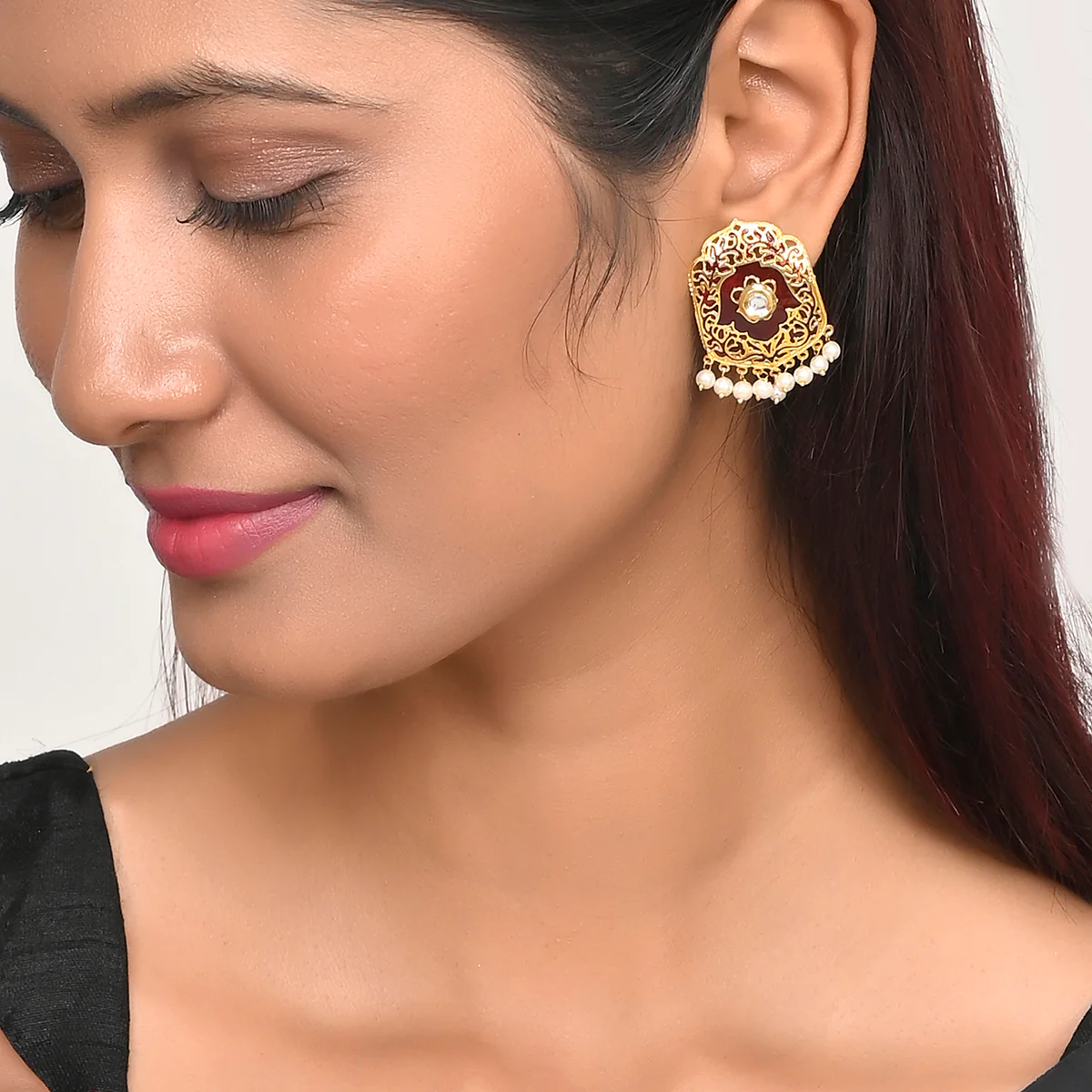 Pearl Elegance Maroon Enamel Faux Pearls Brass Gold Plated Floral Earrings - Image 2