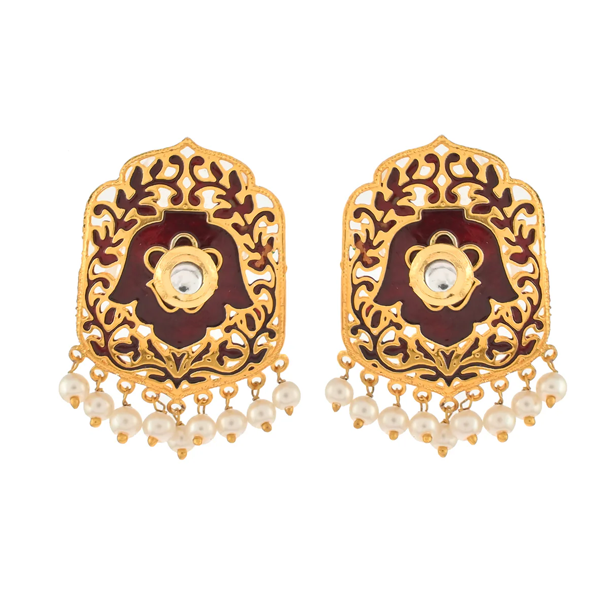 Pearl Elegance Maroon Enamel Faux Pearls Brass Gold Plated Floral Earrings - Image 3