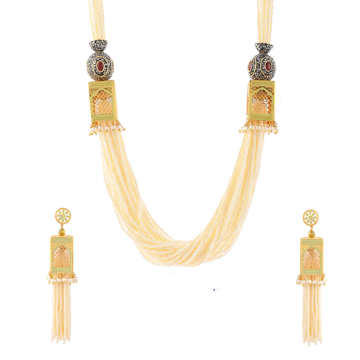 Pearl Elegance Opulent Heavily Embellished Brass Yellow Gold Plated Jewellery Set - Image 4