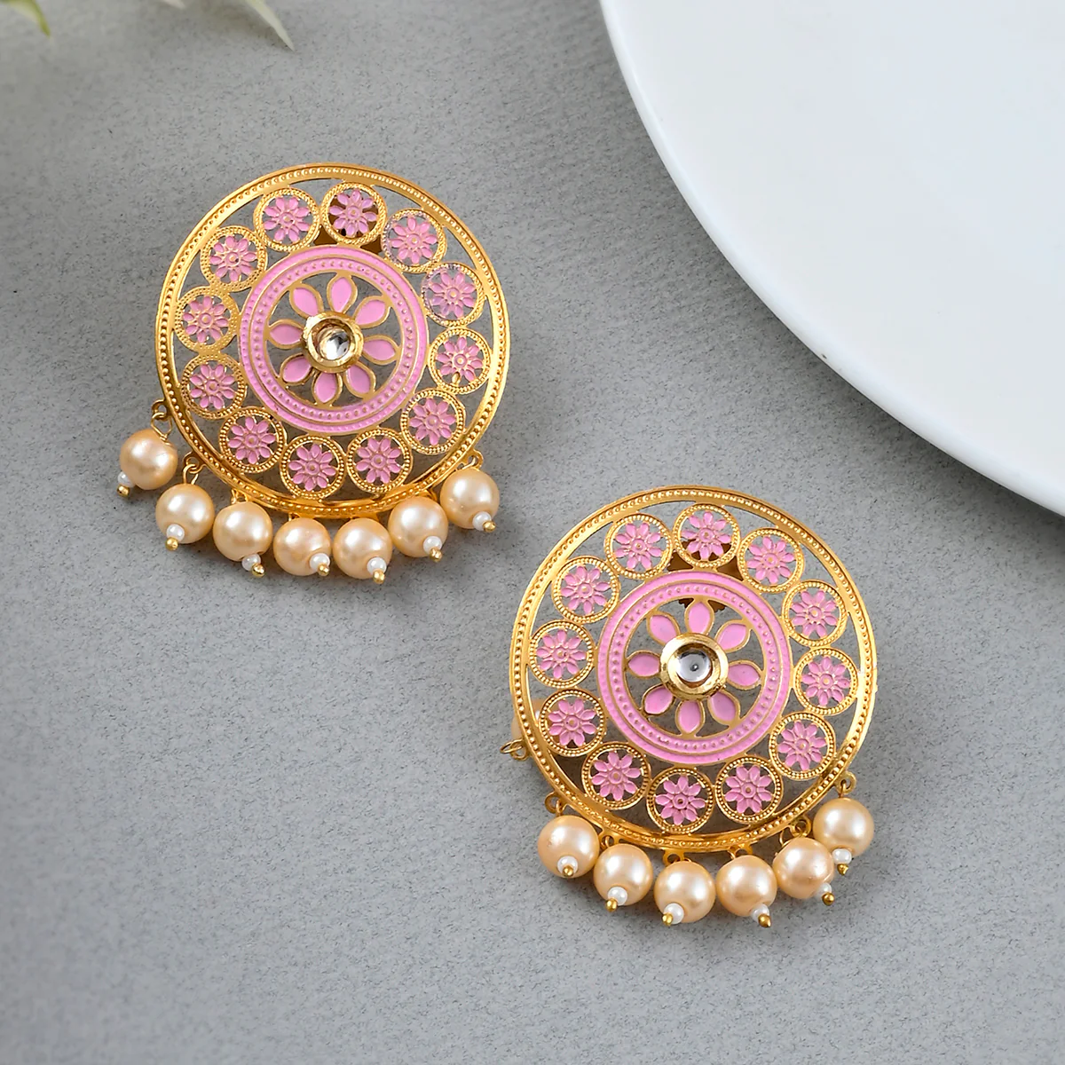 Pearl Elegance Pink Enamel Floral Gold Plated Brass Earrings