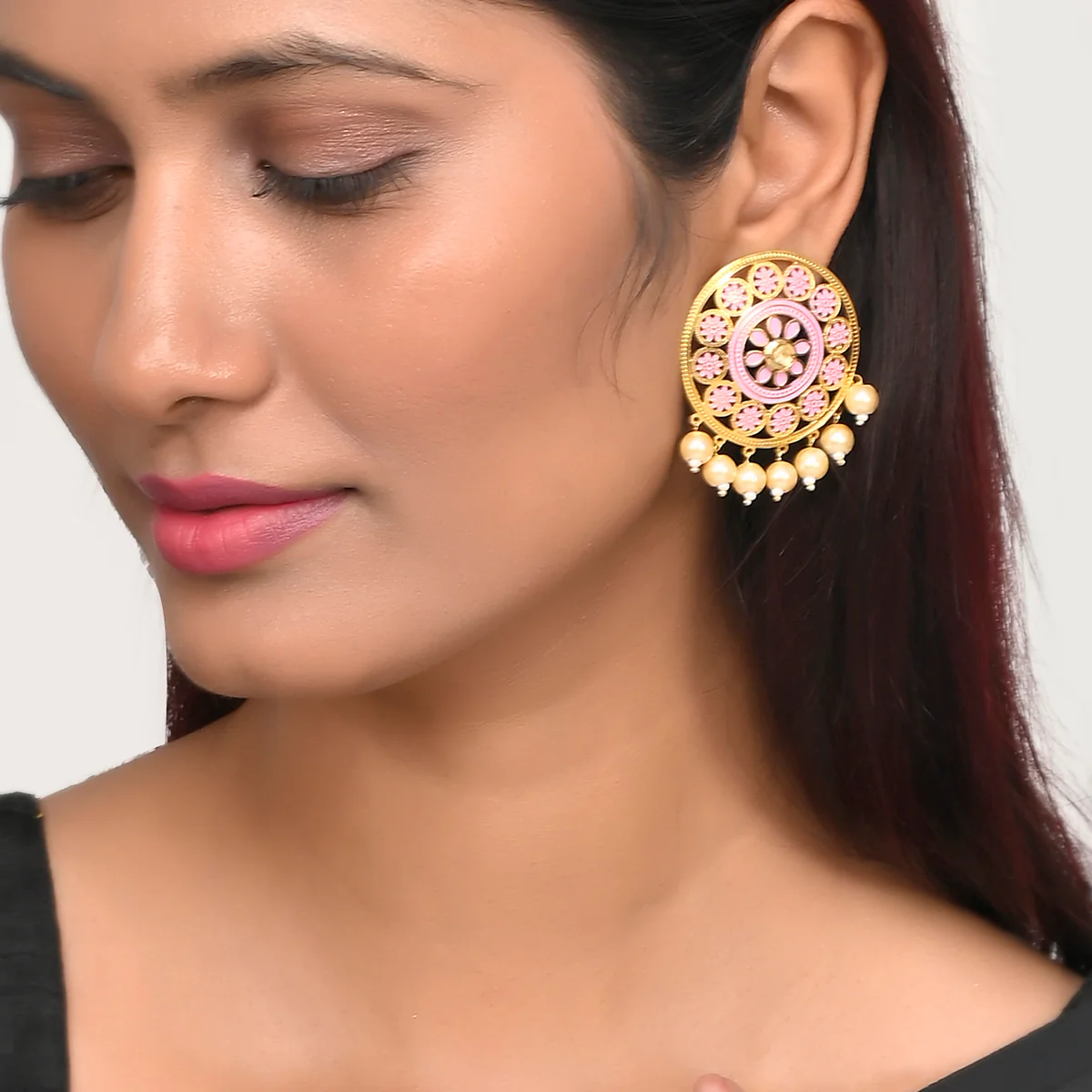 Pearl Elegance Pink Enamel Floral Gold Plated Brass Earrings - Image 2