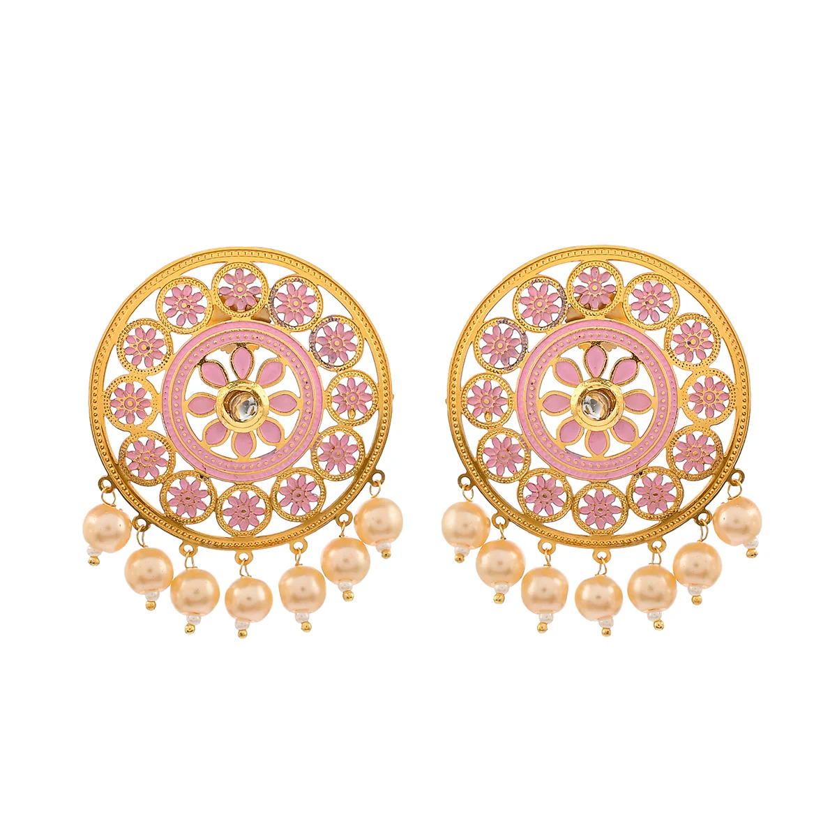 Pearl Elegance Pink Enamel Floral Gold Plated Brass Earrings - Image 3