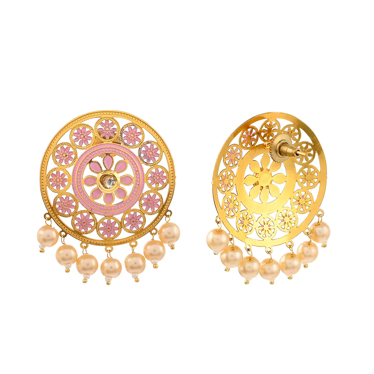 Pearl Elegance Pink Enamel Floral Gold Plated Brass Earrings - Image 5