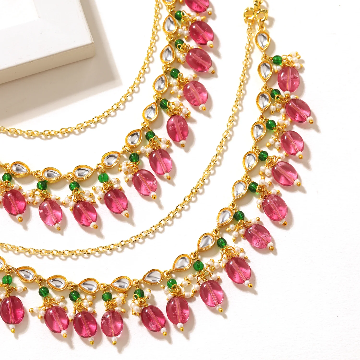 Pearl Elegance Royal Pink Drop Ethnic Earrings Chain Set