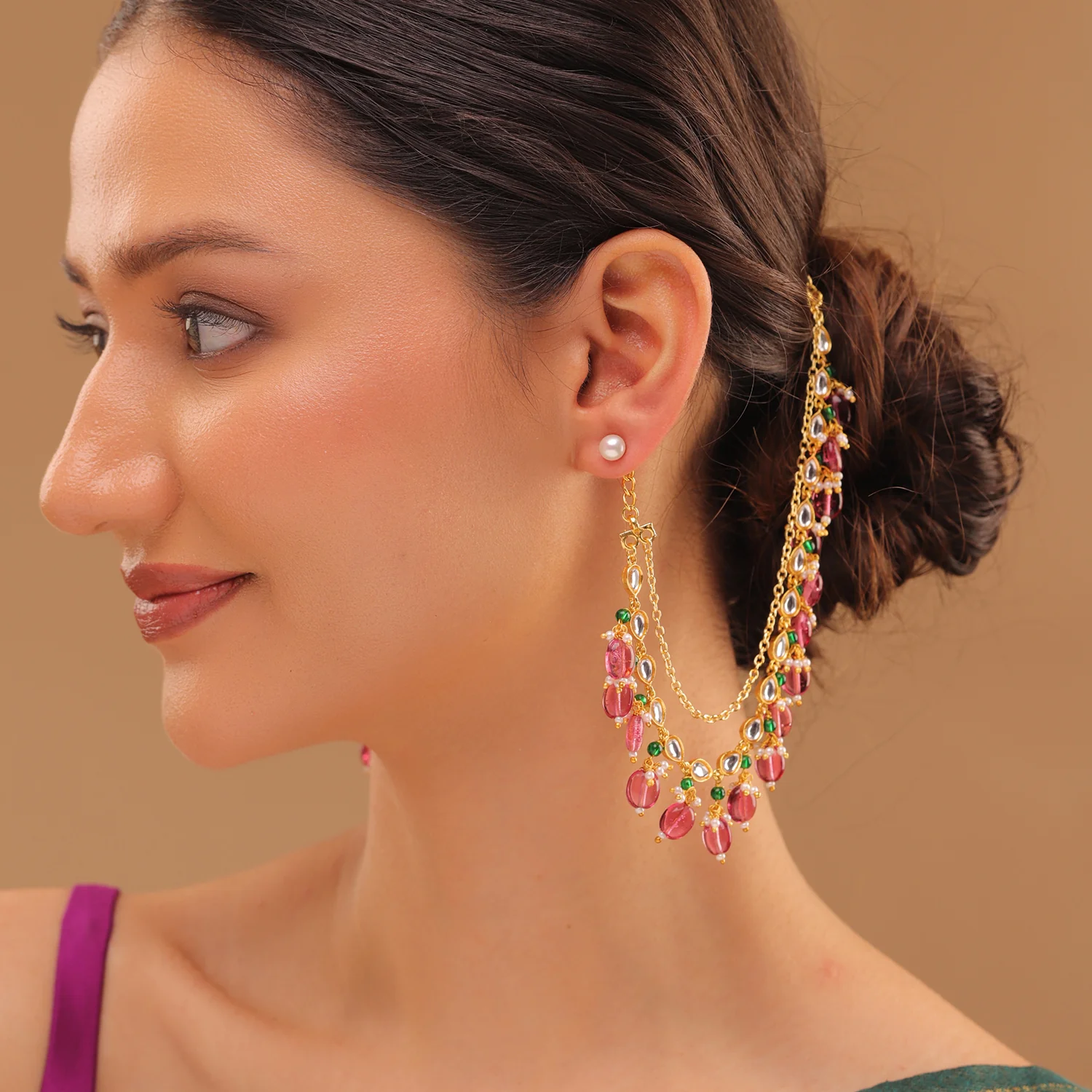 Pearl Elegance Royal Pink Drop Ethnic Earrings Chain Set - Image 3