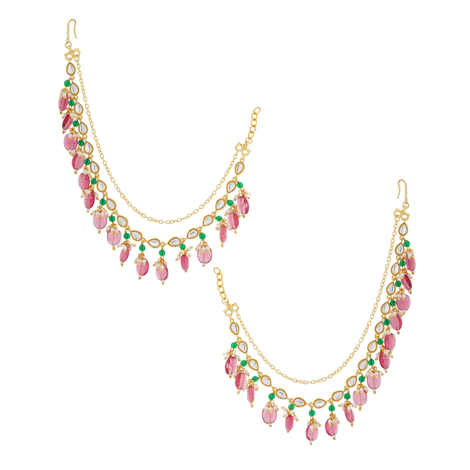 Pearl Elegance Royal Pink Drop Ethnic Earrings Chain Set - Image 4