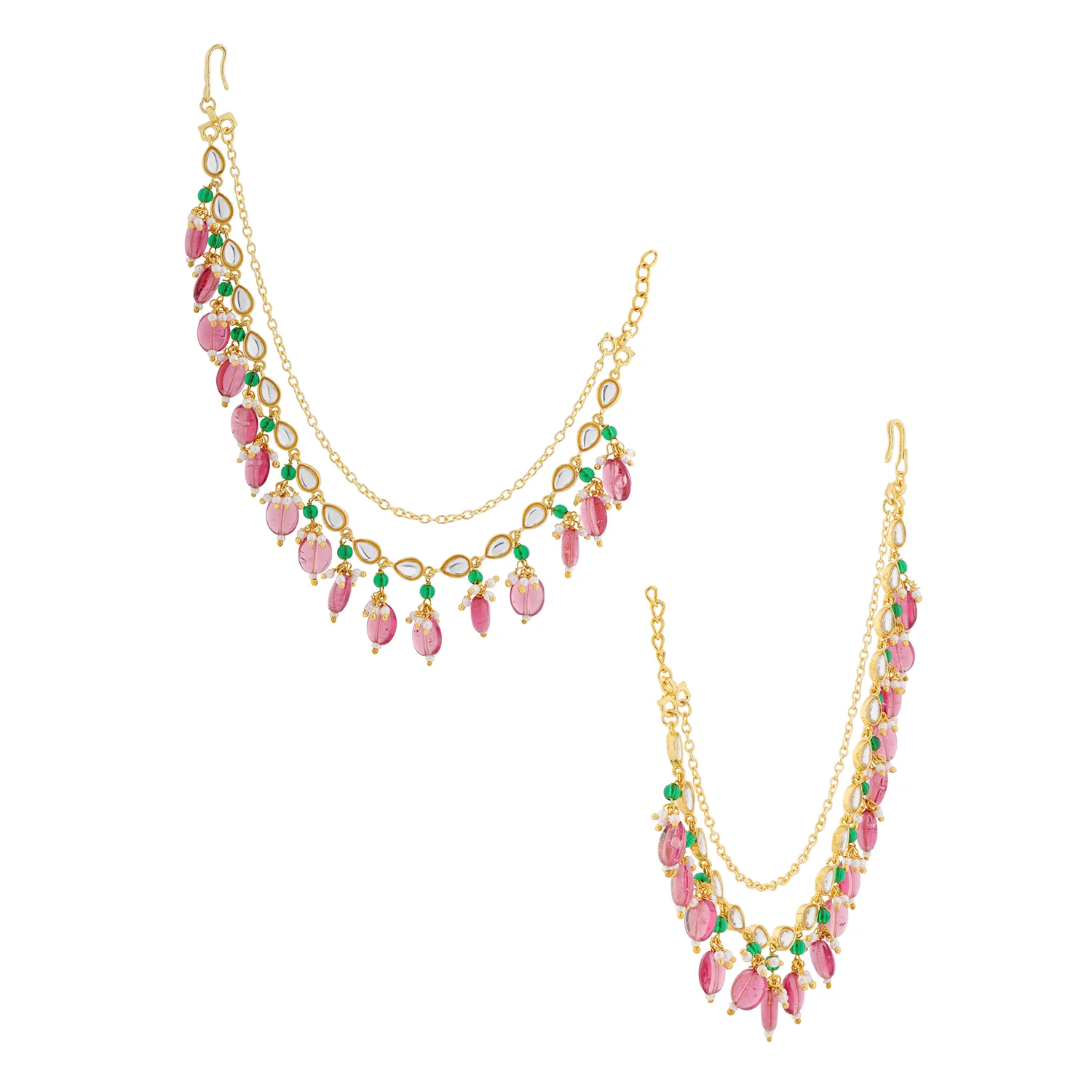 Pearl Elegance Royal Pink Drop Ethnic Earrings Chain Set - Image 5