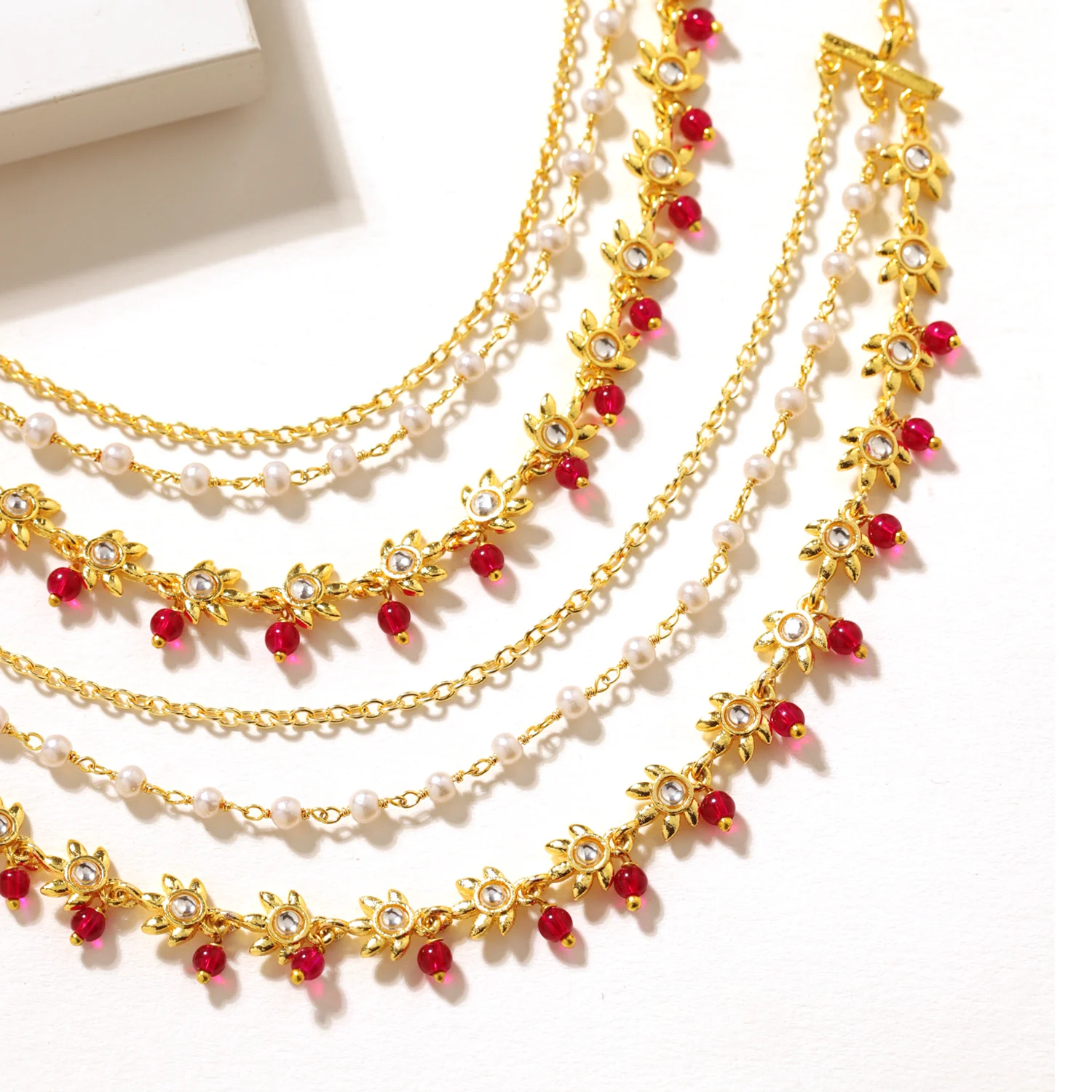 Pearl Elegance Royal Pink Floral Drop Ethnic Earrings Chain Set - Image 2