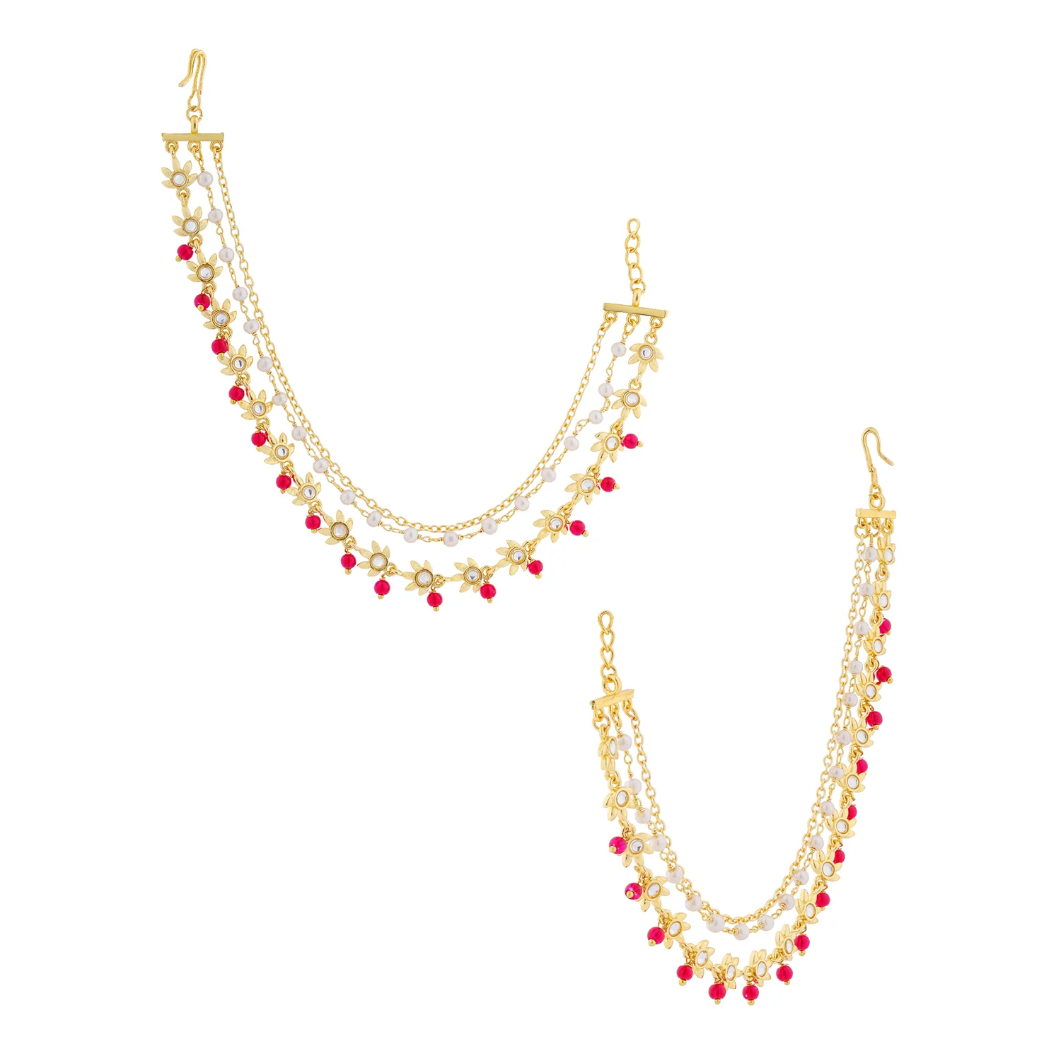 Pearl Elegance Royal Pink Floral Drop Ethnic Earrings Chain Set - Image 5