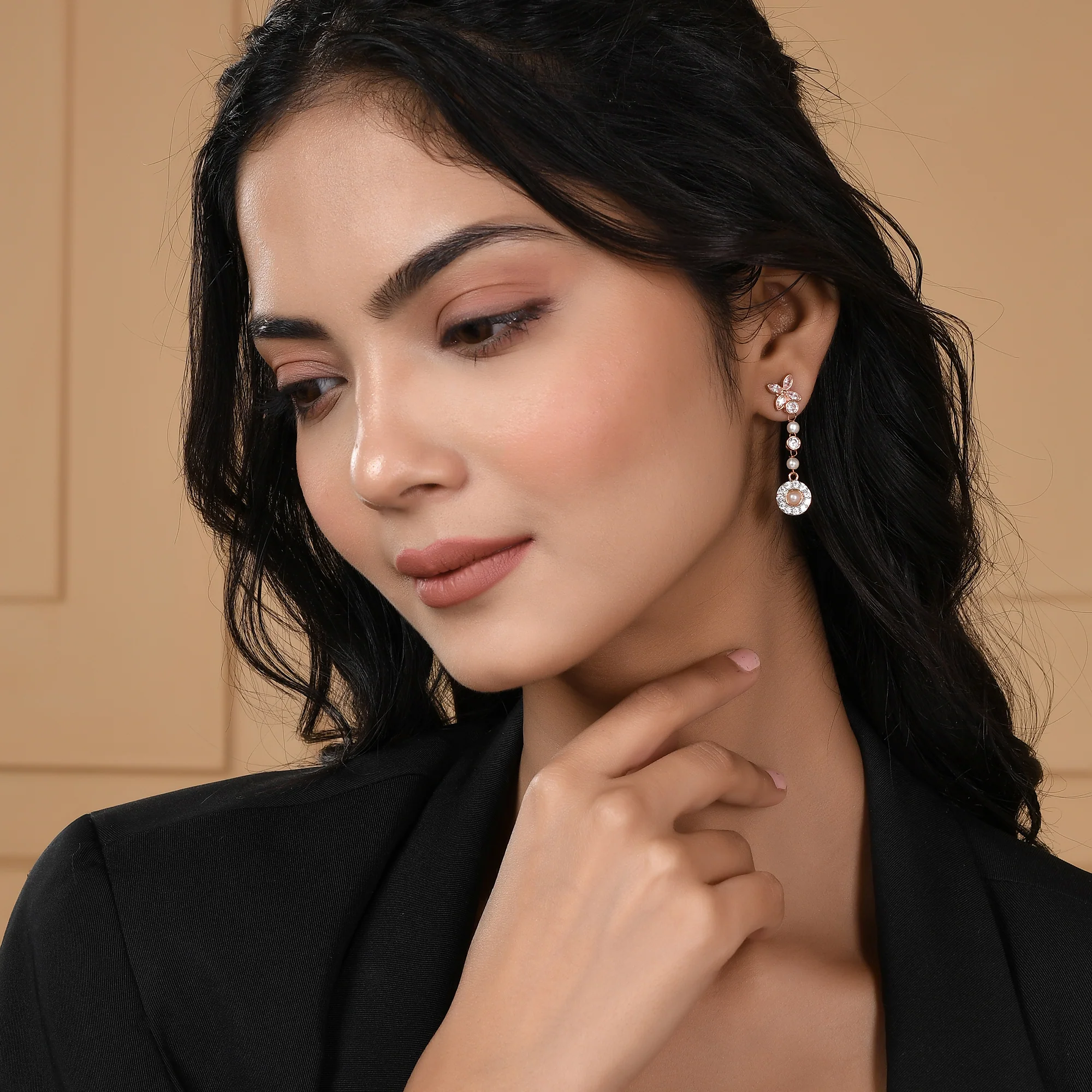 Pearly Whites Classic Rose Gold Toned Dangler Earrings - Image 3