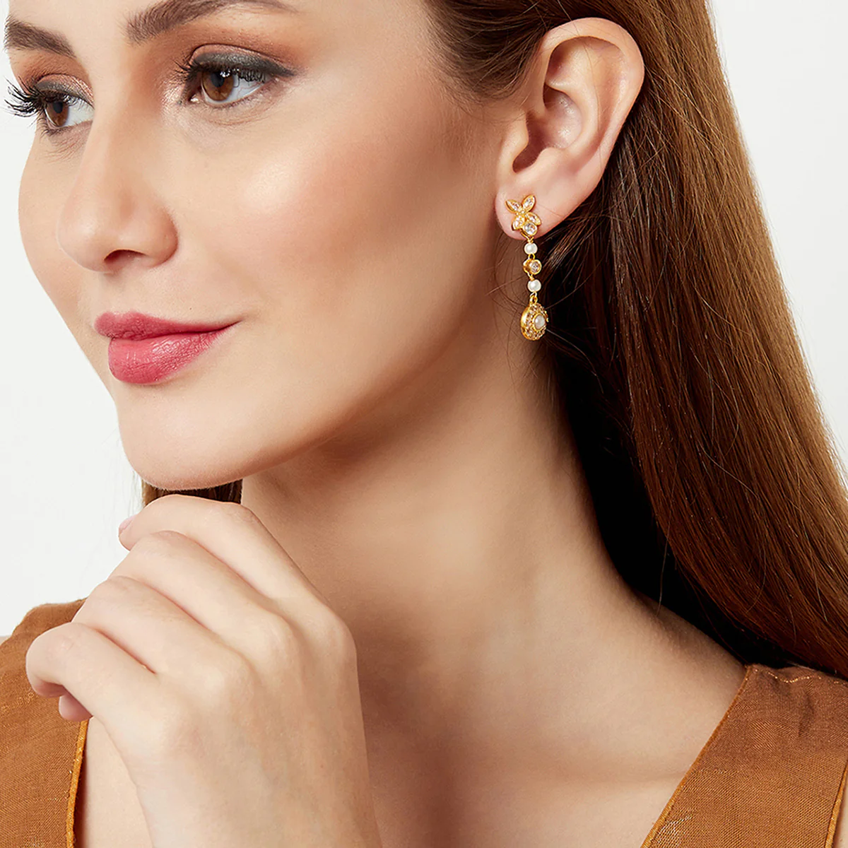 Pearly Whites Dangler Gold Tone Earrings - Image 2