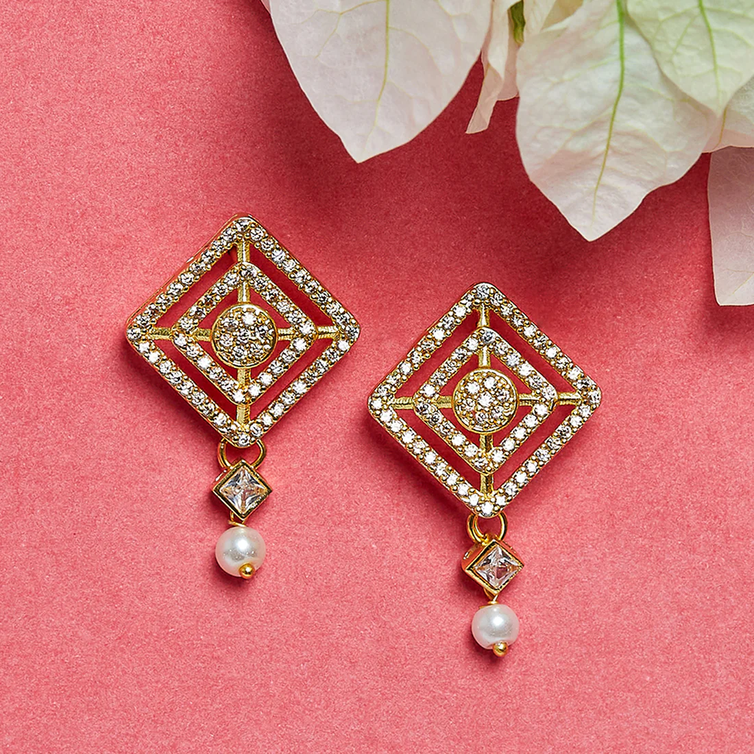 Pearly Whites Designer Gold Tone Earrings