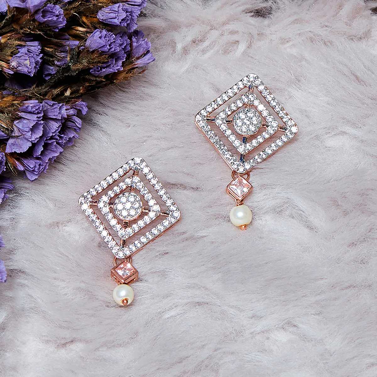 Pearly Whites Designer Rose Gold Earrings