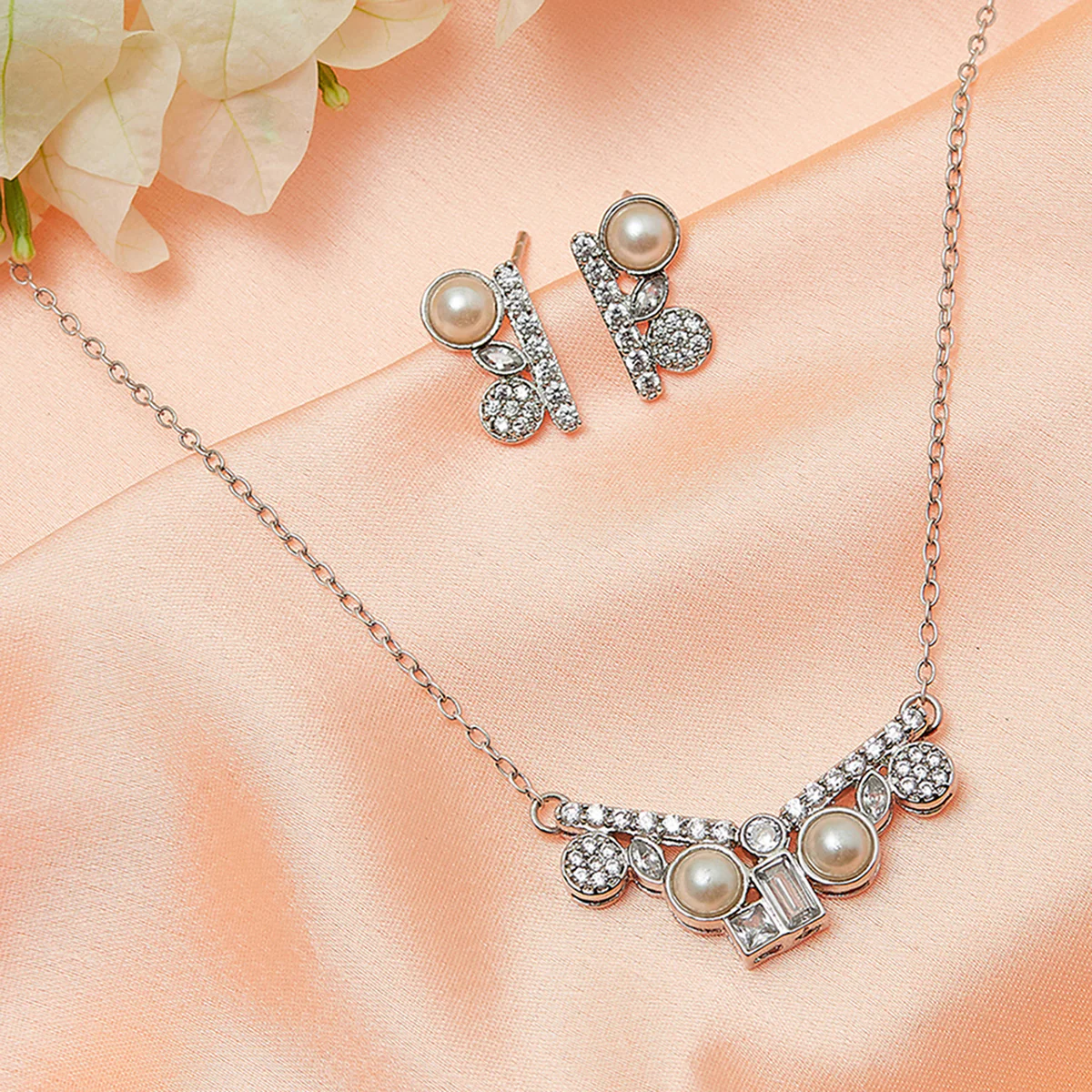 Pearly Whites Pendant Set Glittering With CZ Sparkles