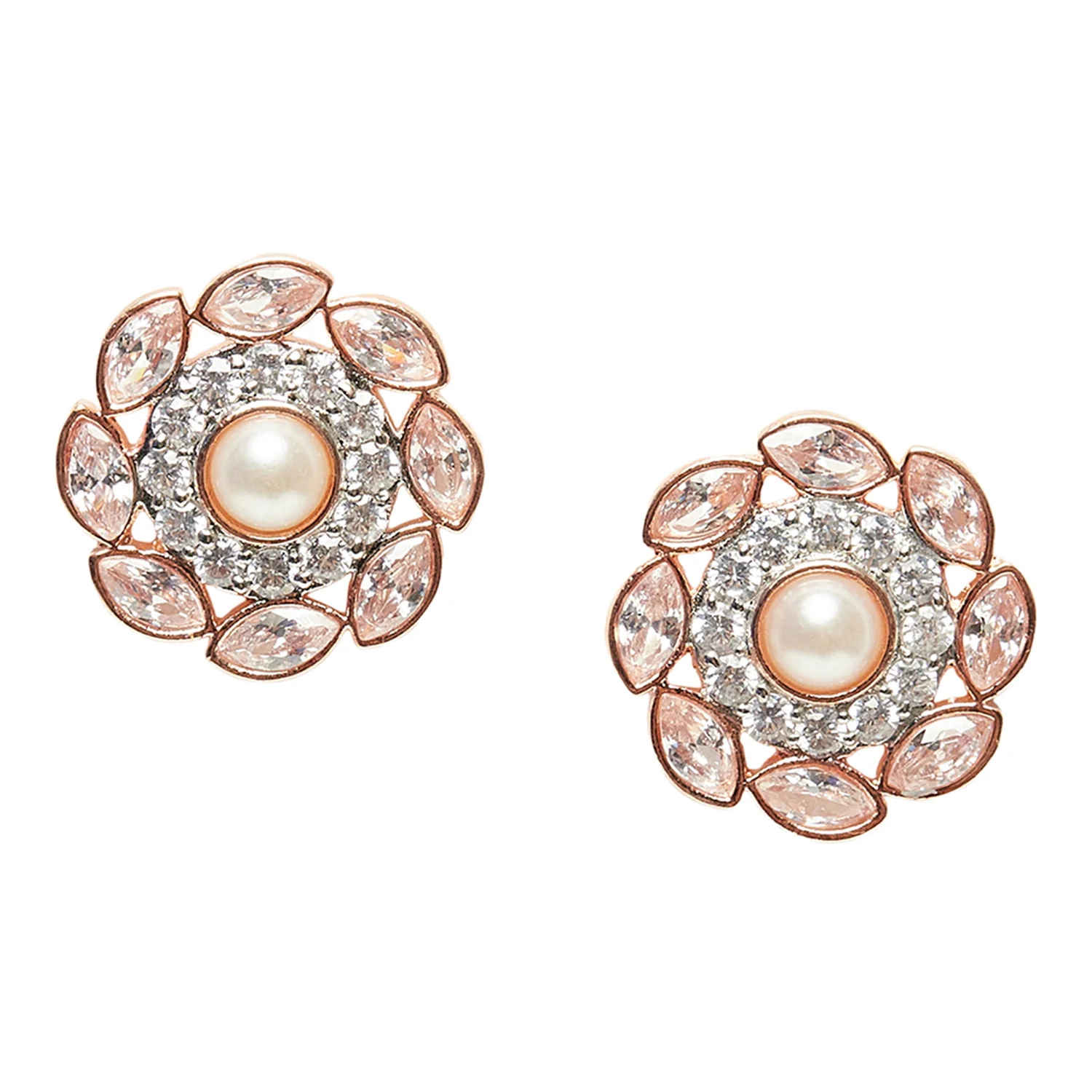 Pearly Whites Rose Gold Toned Floral Motif Earrings - Image 2
