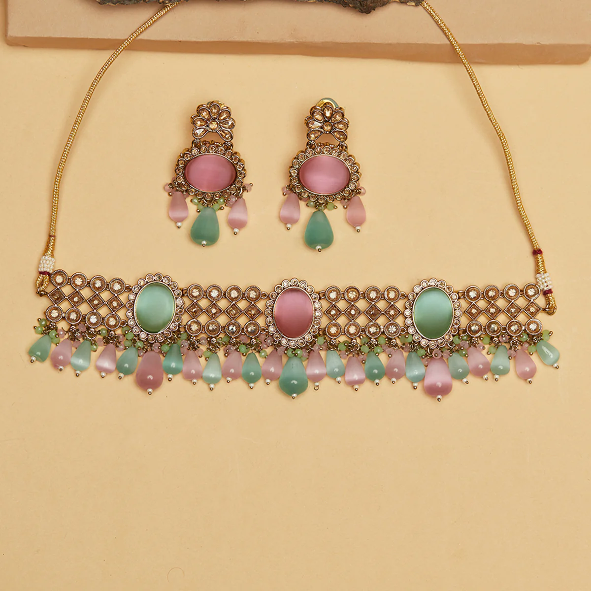 Pink and Blue Gemstones Gold Plated Jewellery Set