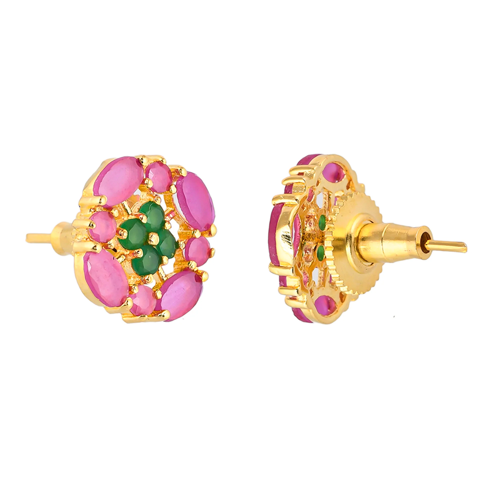 Pink and Green Cluster Setting CZ Stud Earrings - Image 5