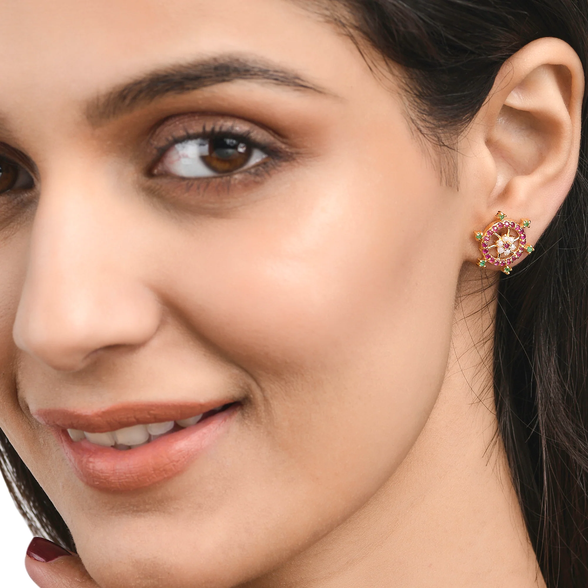Pink and Green CZ Gems and Pearl Beads Stud Earrings - Image 2