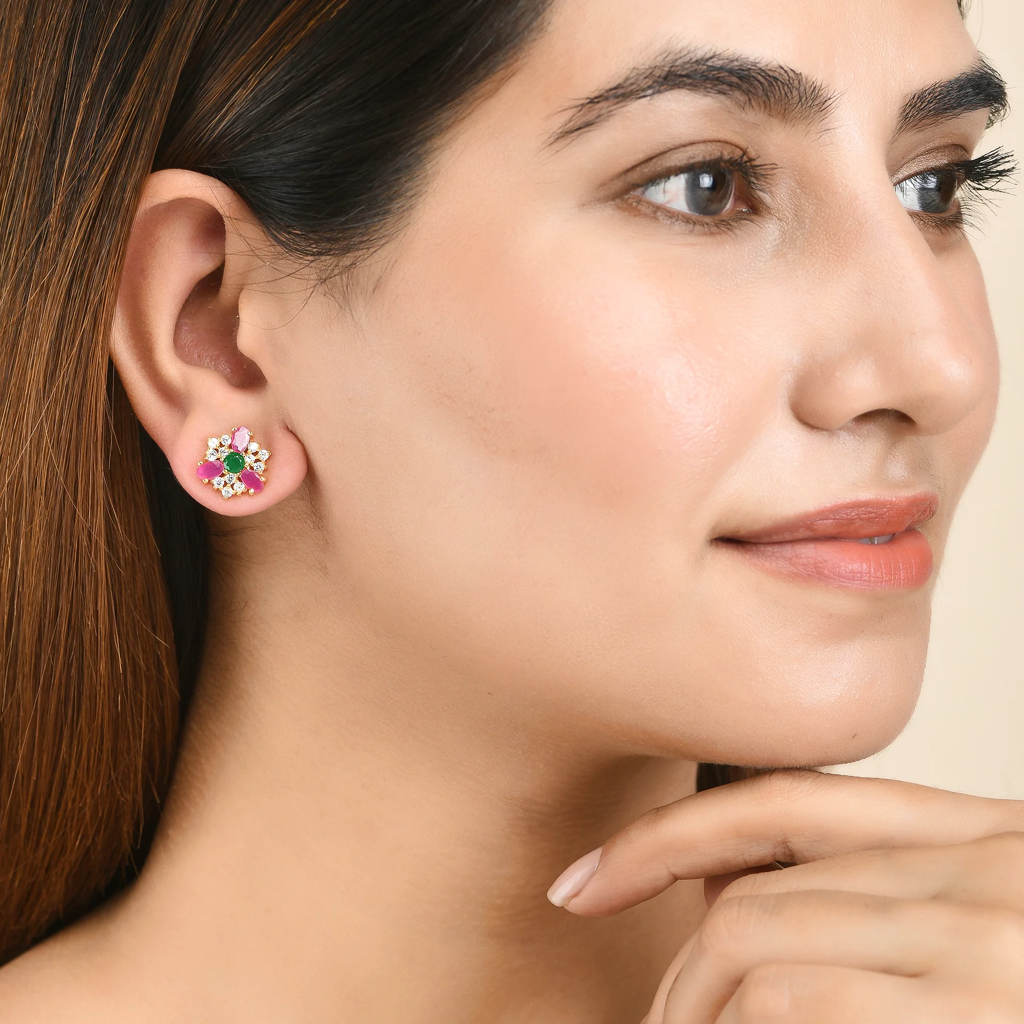 Pink and Green CZ Stud Earrings - Image 2