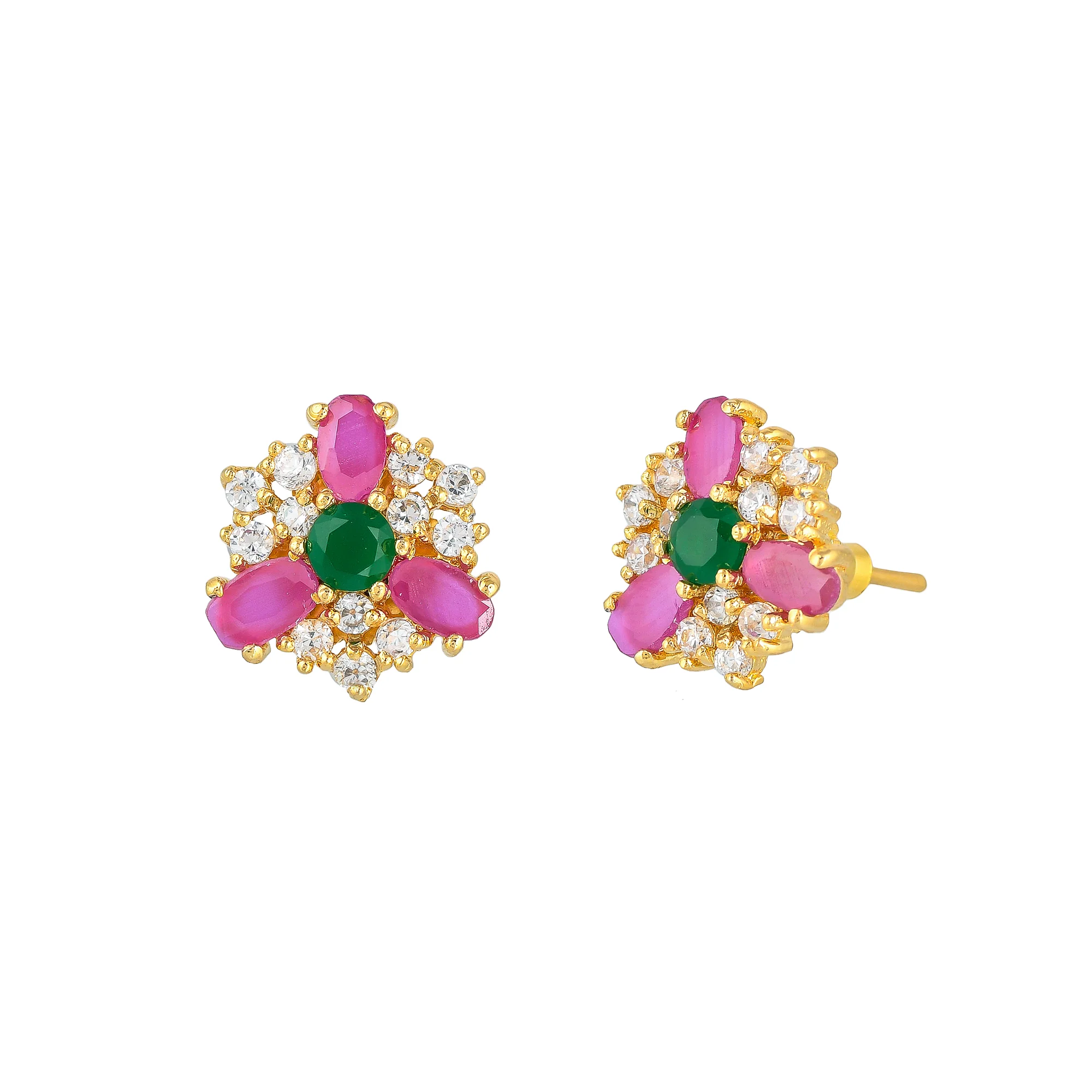 Pink and Green CZ Stud Earrings - Image 4