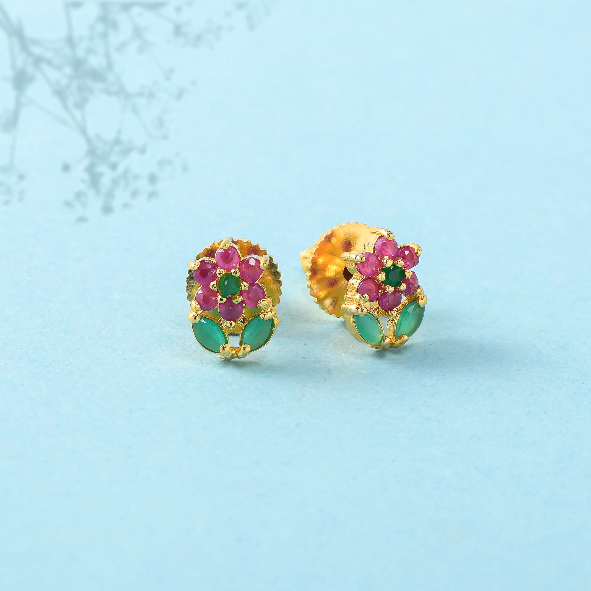 Pink and Green Zircon Gems Floral Stud Earrings