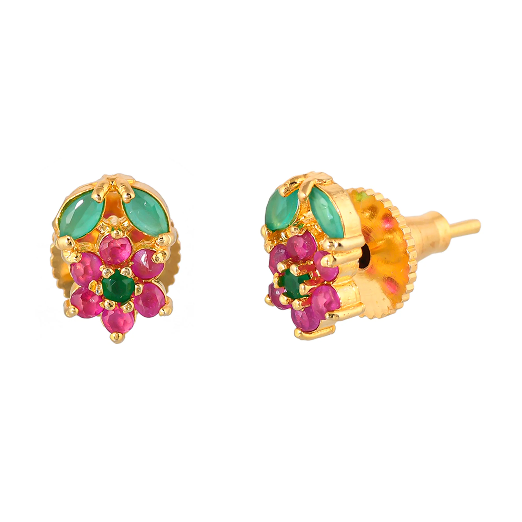 Pink and Green Zircon Gems Floral Stud Earrings - Image 4