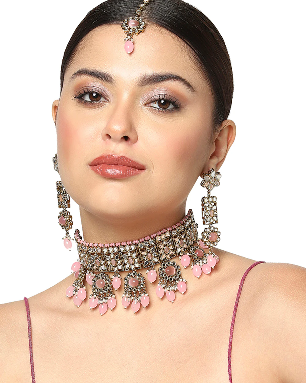 Gold Oppulence Pink Tumble Beads Maang Tika Set - Image 2