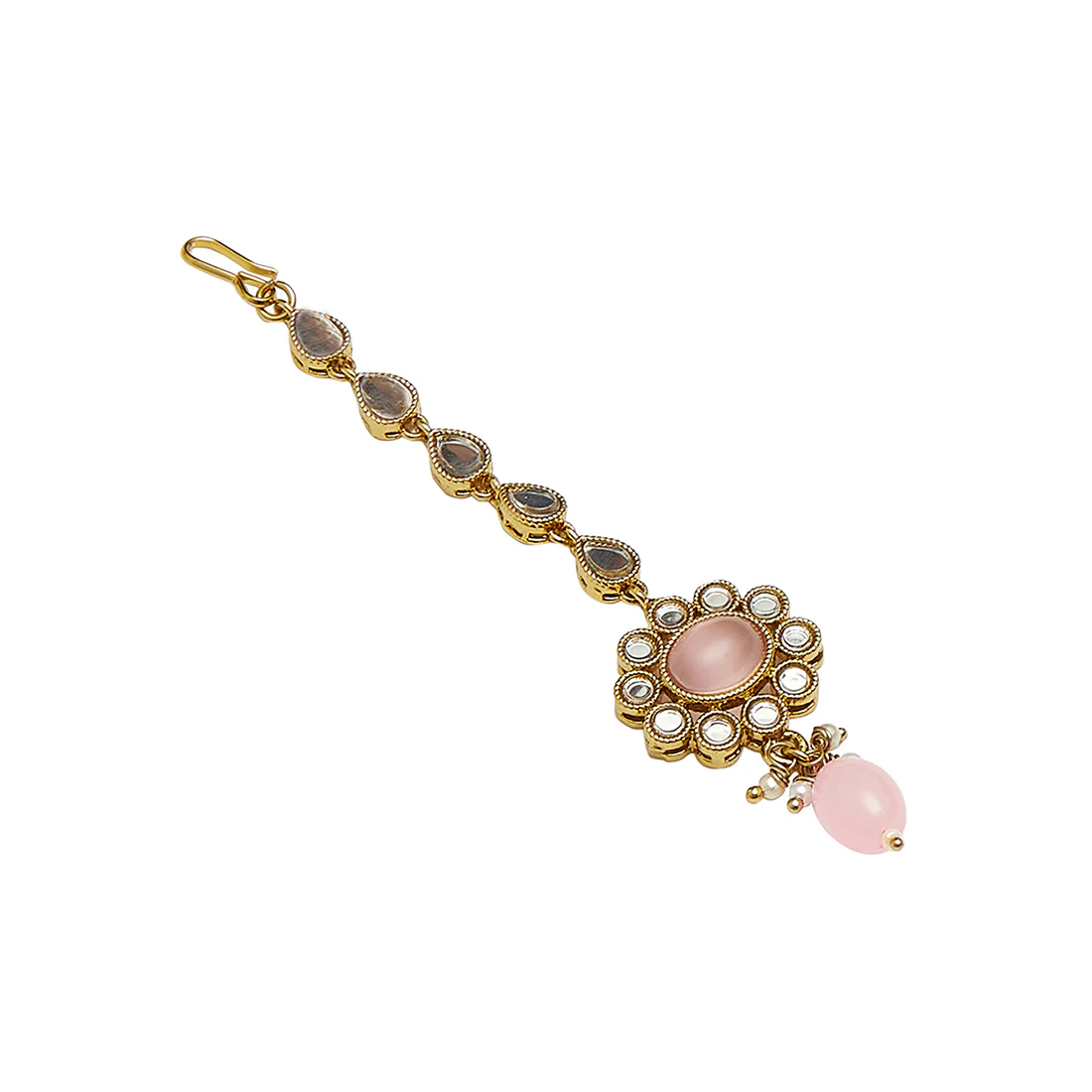 Gold Oppulence Pink Tumble Beads Maang Tika Set - Image 5