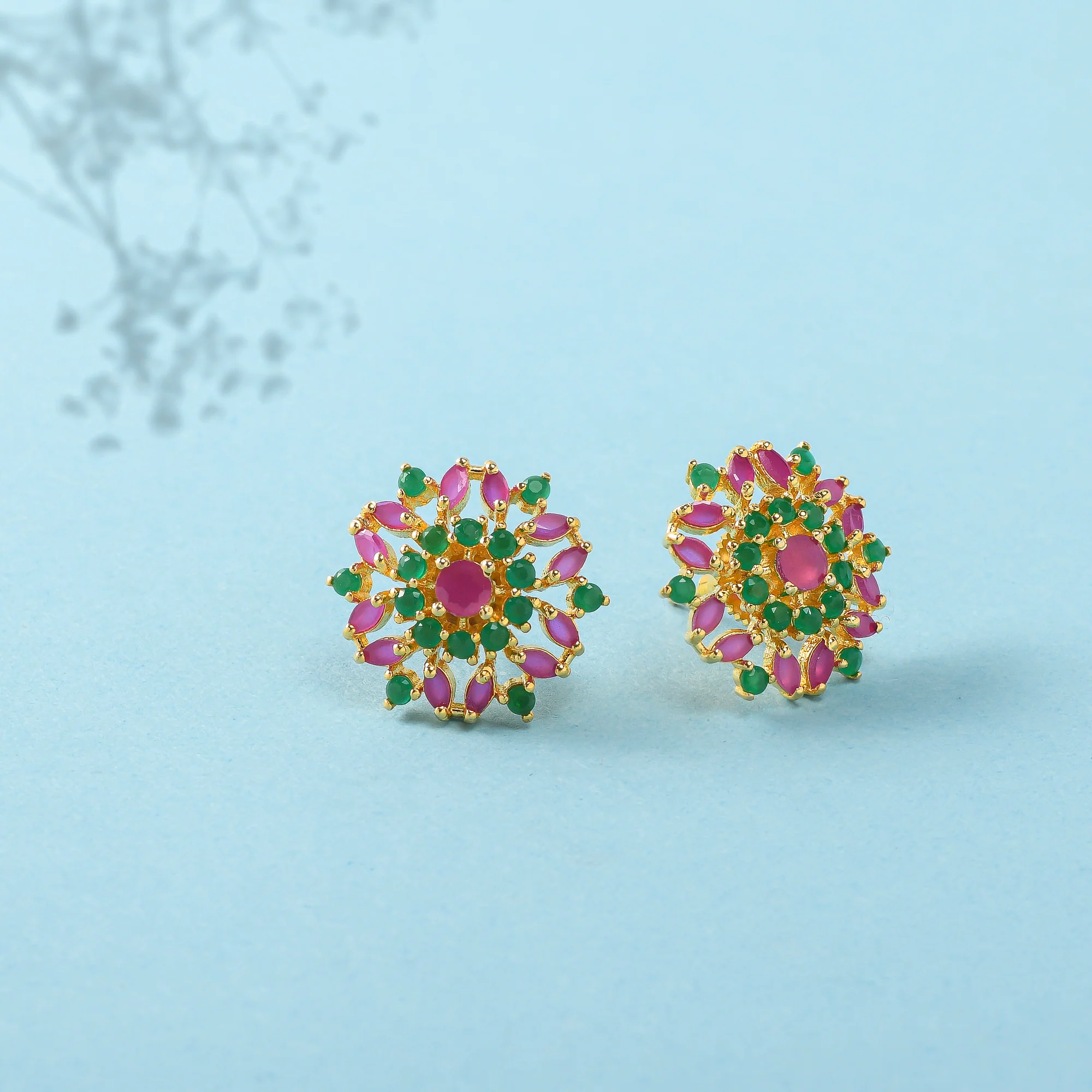 Pink and White Round and Marquise Cut CZ Round Stud Earrings