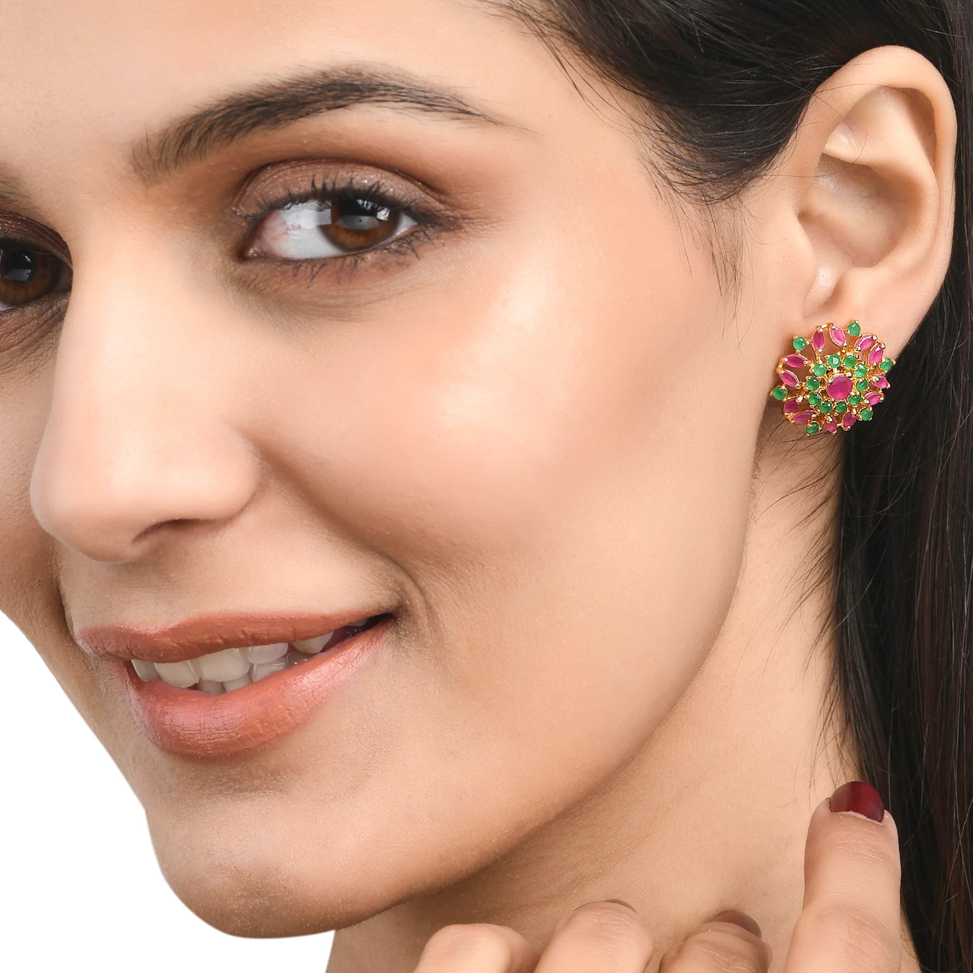 Pink and White Round and Marquise Cut CZ Round Stud Earrings - Image 2