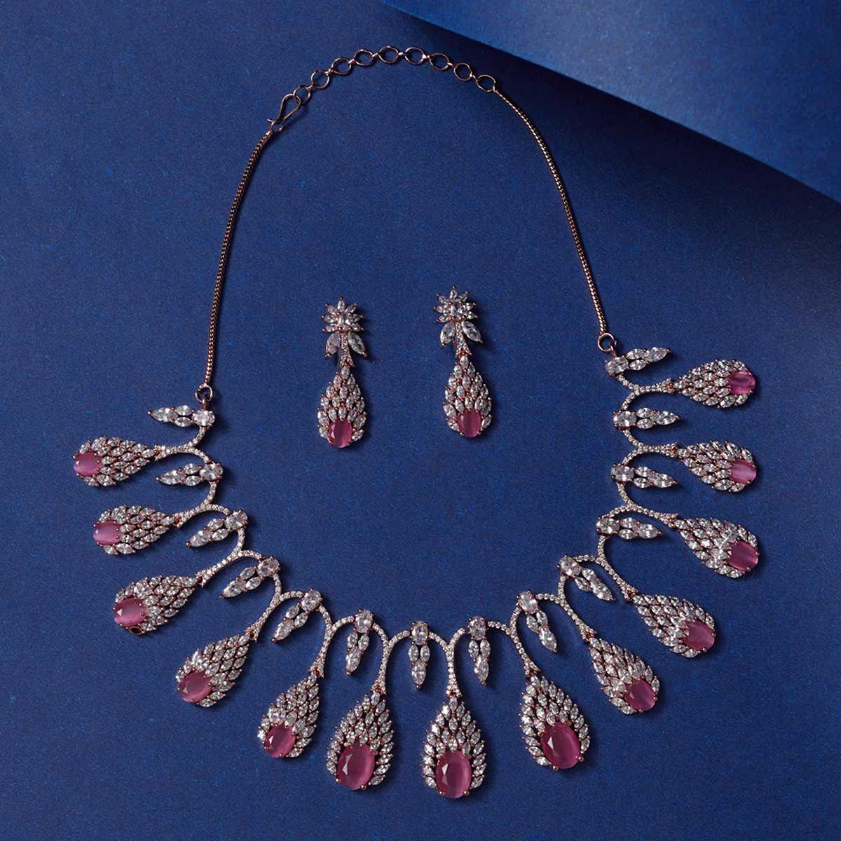 Pink and White Teardrop Zircons Embellished Rose Gold Toned Brass Jewellery Set