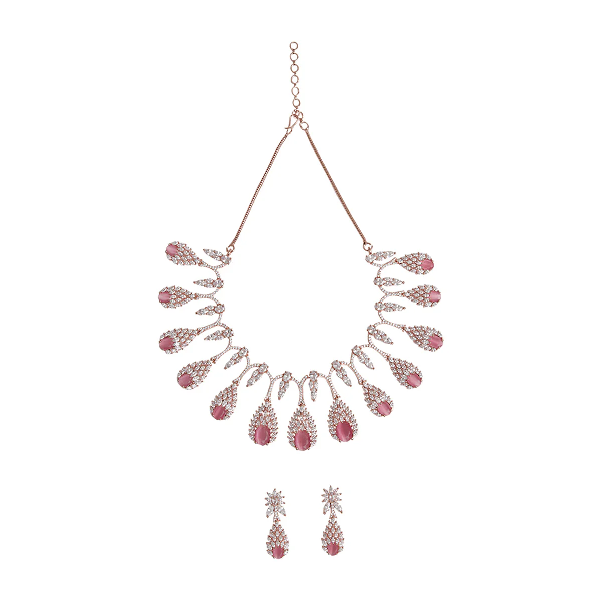 Pink and White Teardrop Zircons Embellished Rose Gold Toned Brass Jewellery Set - Image 3