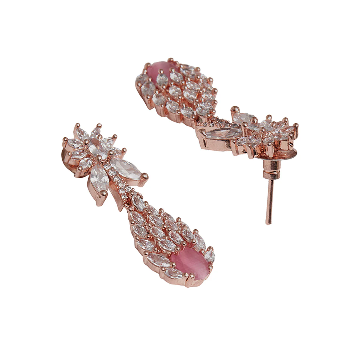 Pink and White Teardrop Zircons Embellished Rose Gold Toned Brass Jewellery Set - Image 4