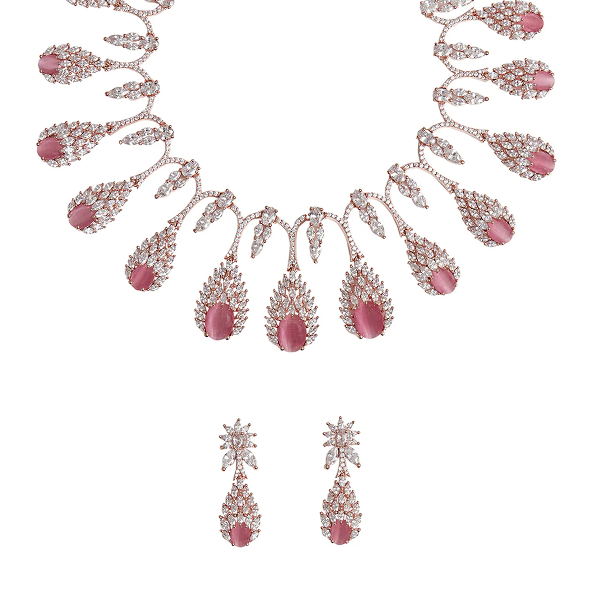 Pink and White Teardrop Zircons Embellished Rose Gold Toned Brass Jewellery Set - Image 5