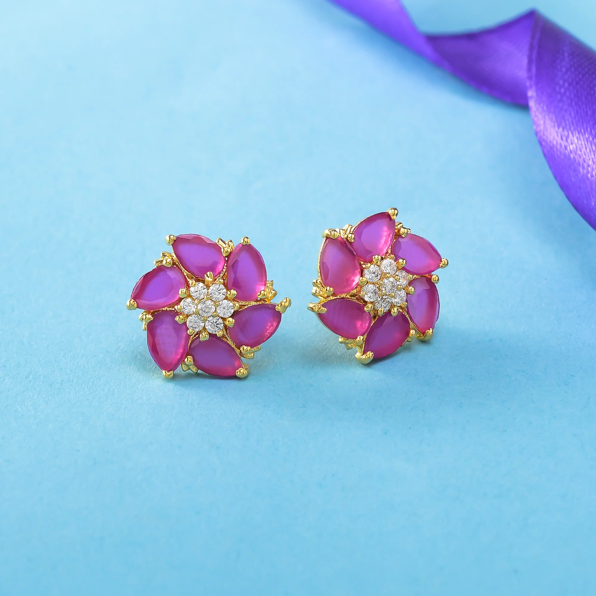 Pink and White Zirconia Gemstones Stud Earrings