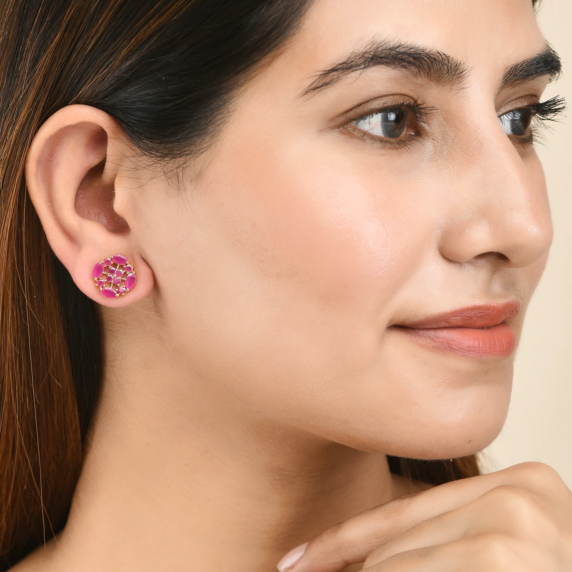 Pink Cluster Setting CZ Gold Plated Stud Earrings - Image 2