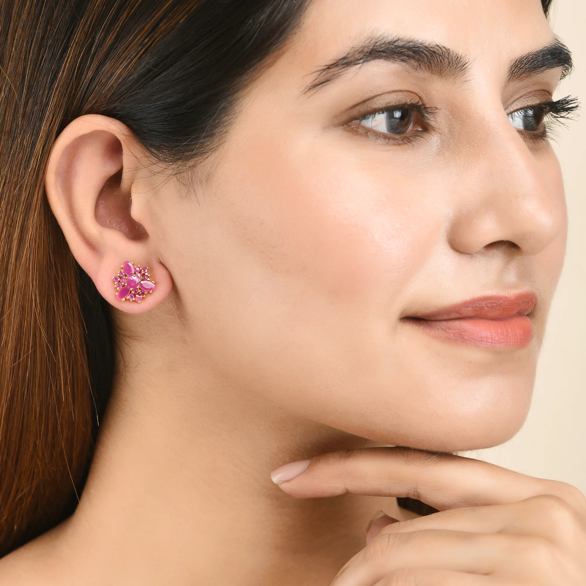 Pink Cluster Setting Tiny Stud Earrings - Image 2