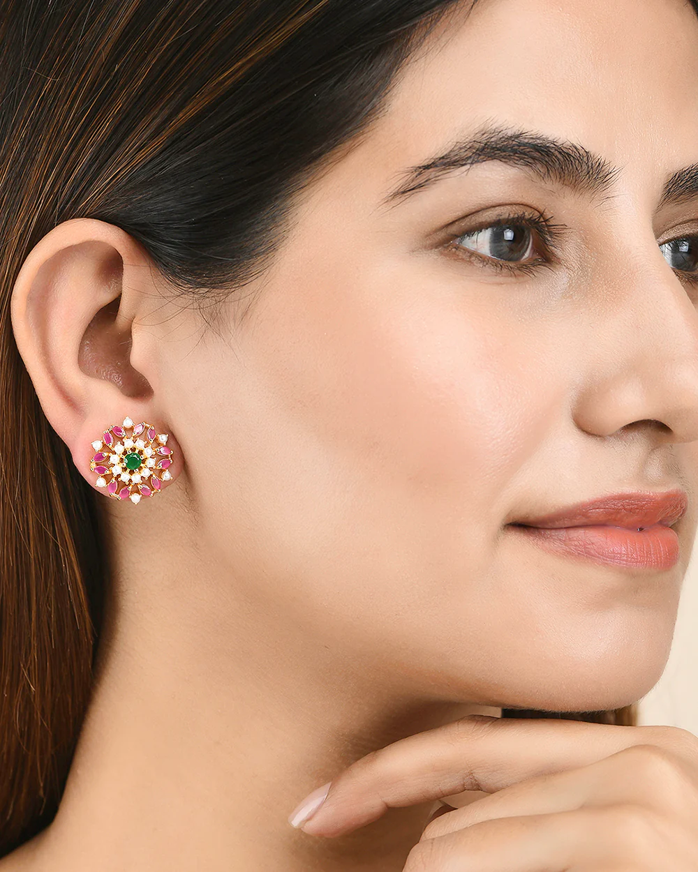 Pink CZ and White Pearl Beads Round Stud Earrings - Image 2
