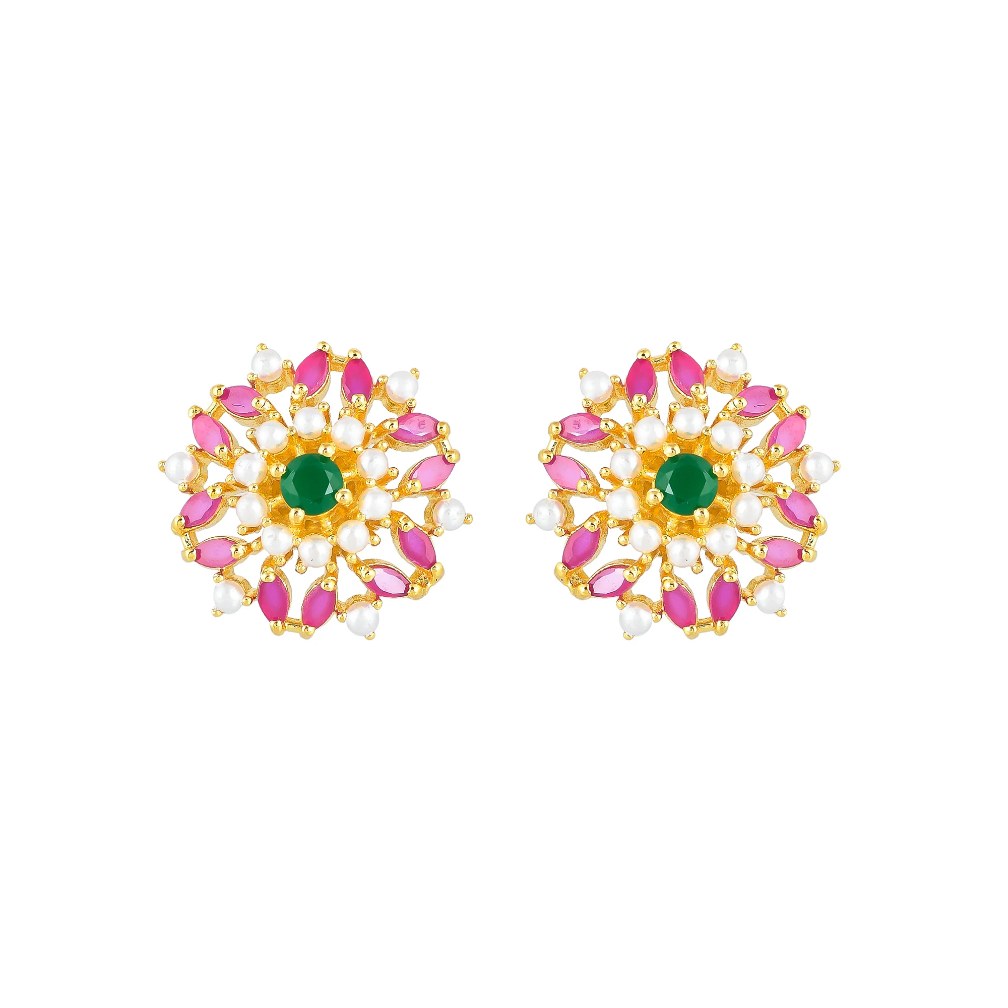 Pink CZ and White Pearl Beads Round Stud Earrings - Image 3