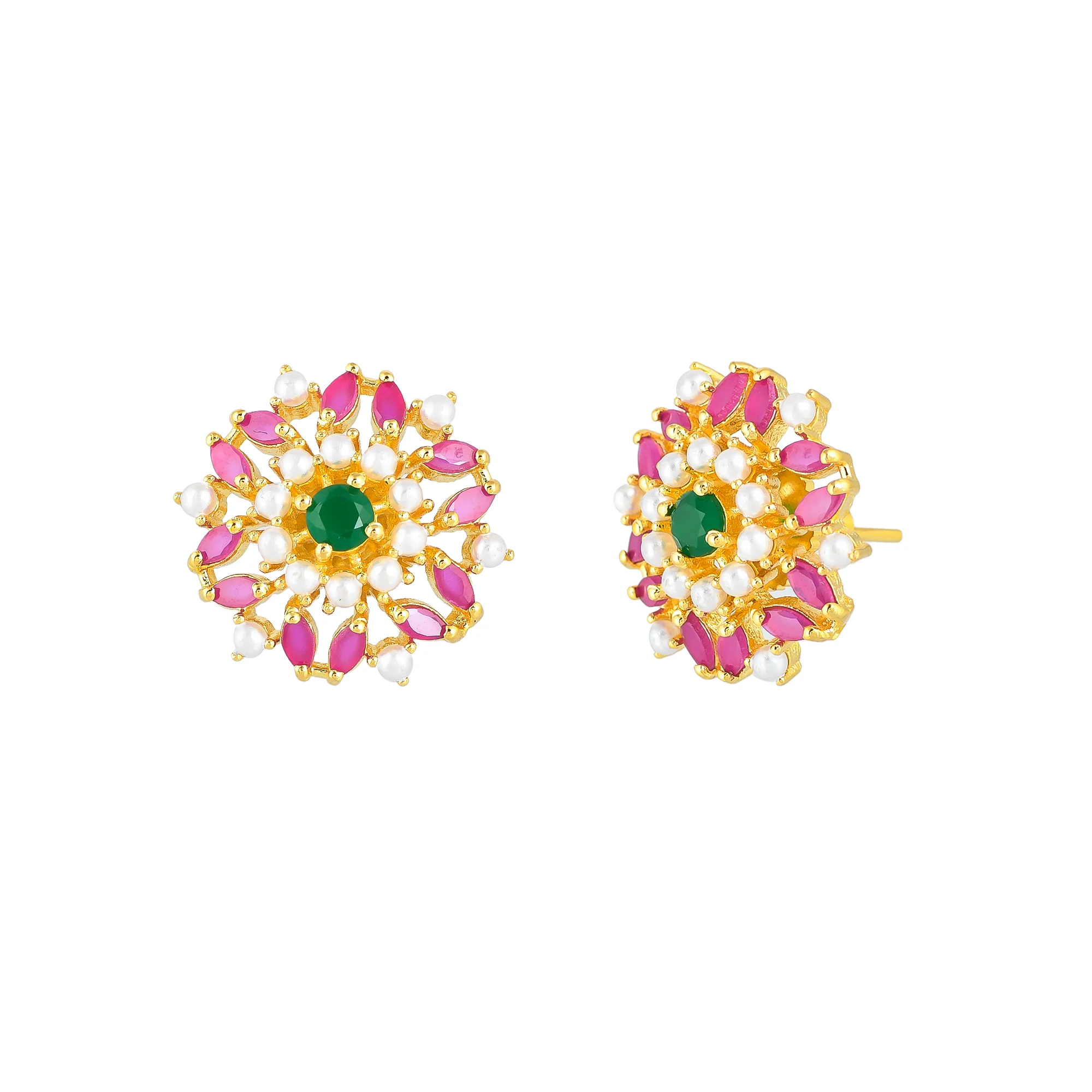 Pink CZ and White Pearl Beads Round Stud Earrings - Image 4