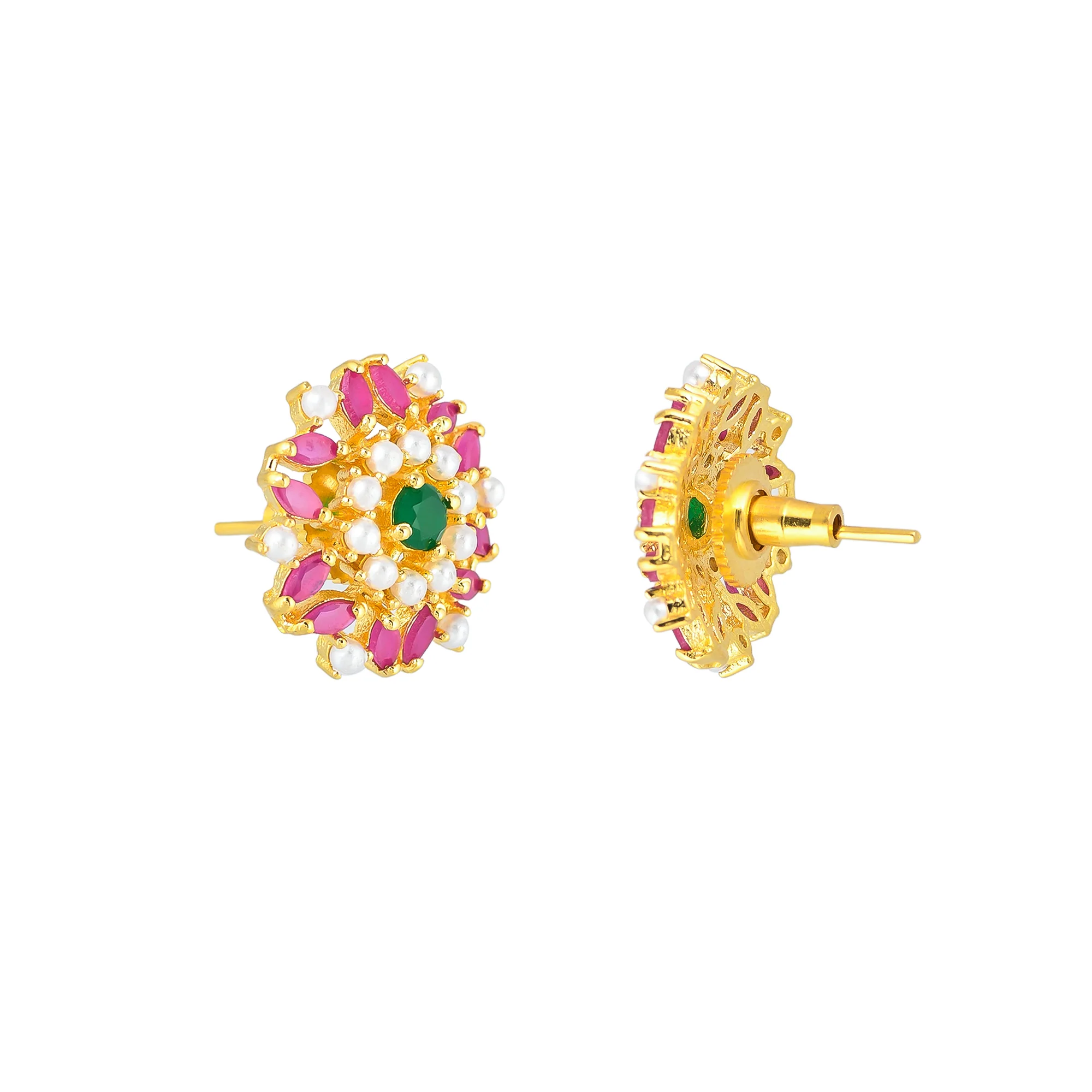 Pink CZ and White Pearl Beads Round Stud Earrings - Image 5