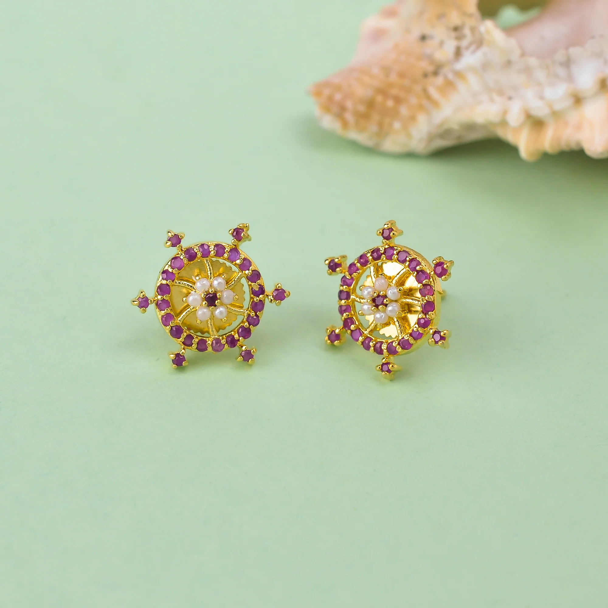 Pink CZ Gems and Pearl Beads Stud Earrings