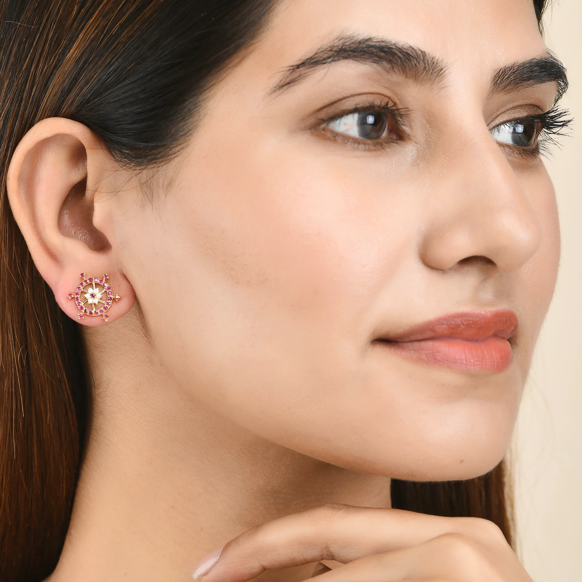 Pink CZ Gems and Pearl Beads Stud Earrings - Image 2