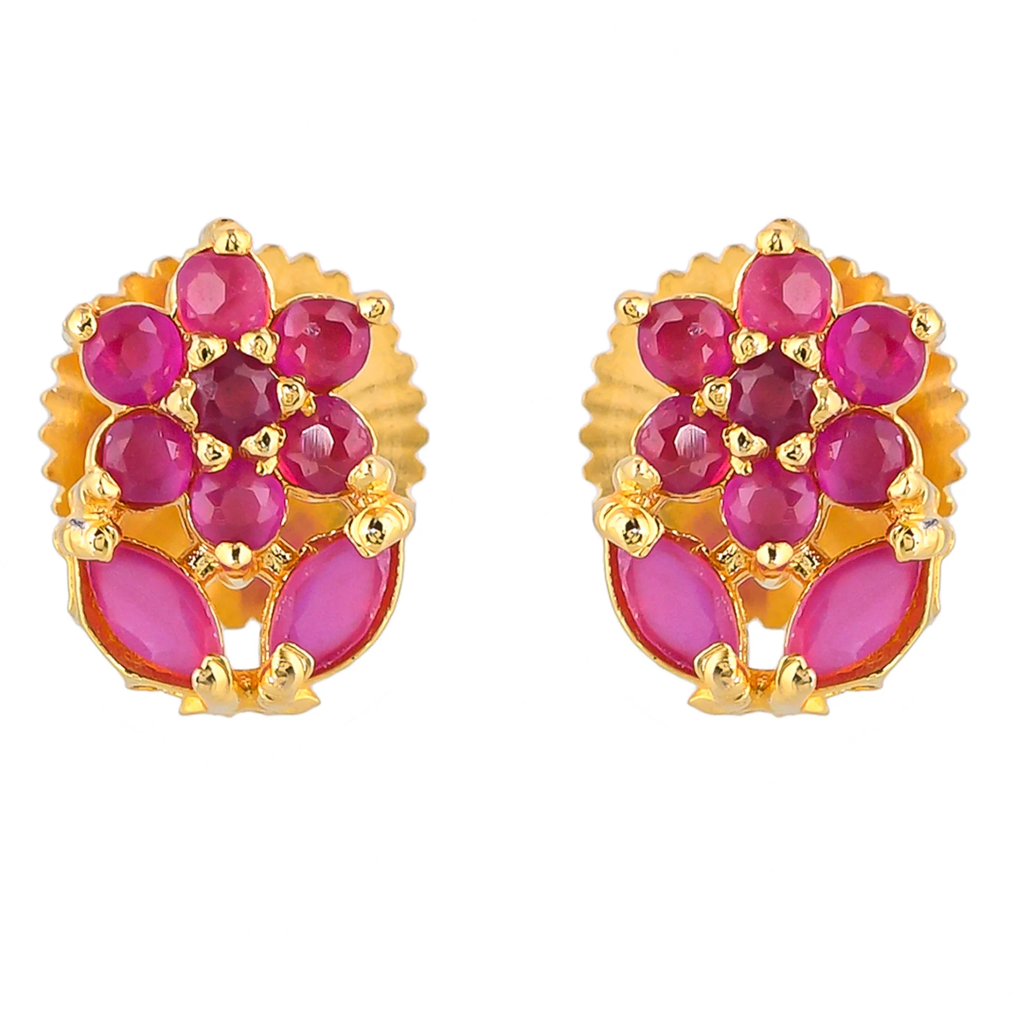 Pink CZ Gems Floral Stud Earrings - Image 3