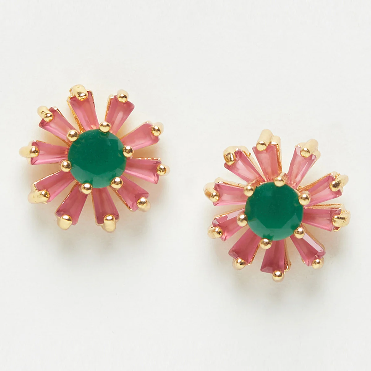 Pink & Green Stones Studded Floral Stud Earrings - Image 3