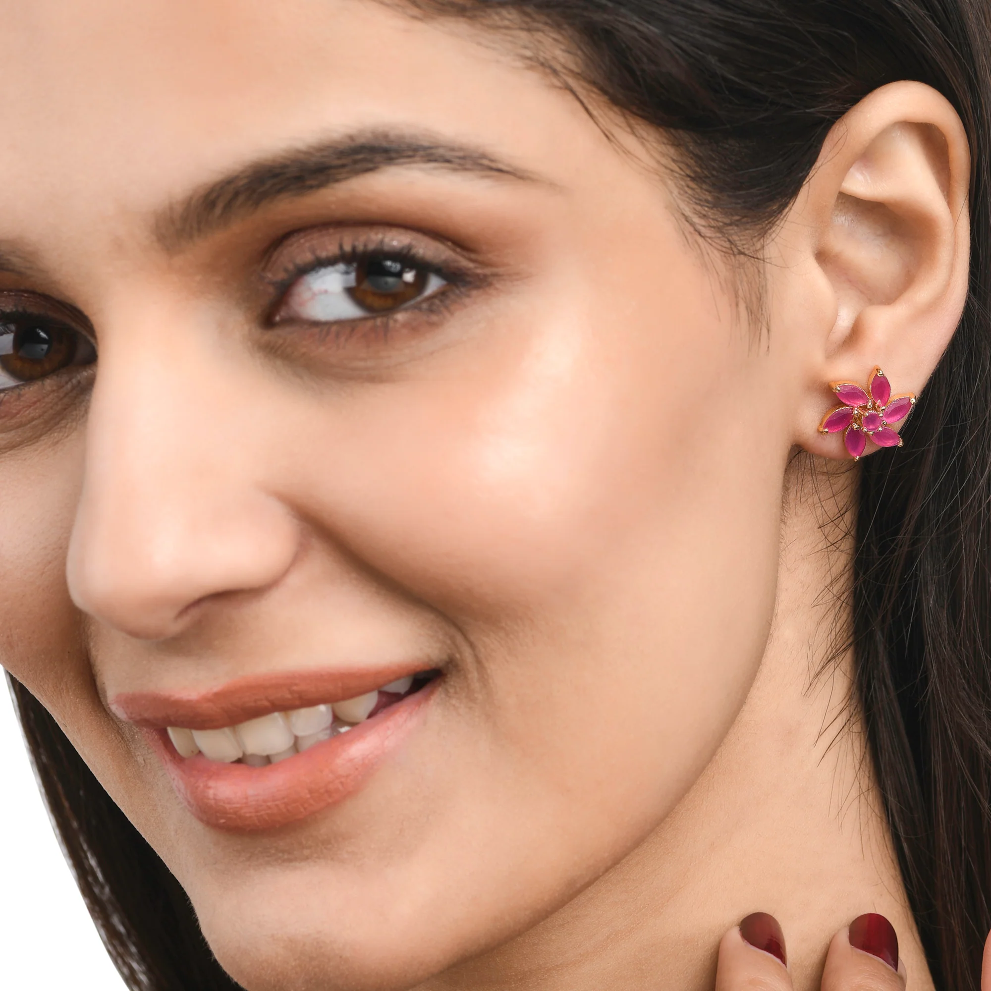 Pink Marquise Cut CZ Floral Motif Stud Earrings - Image 2
