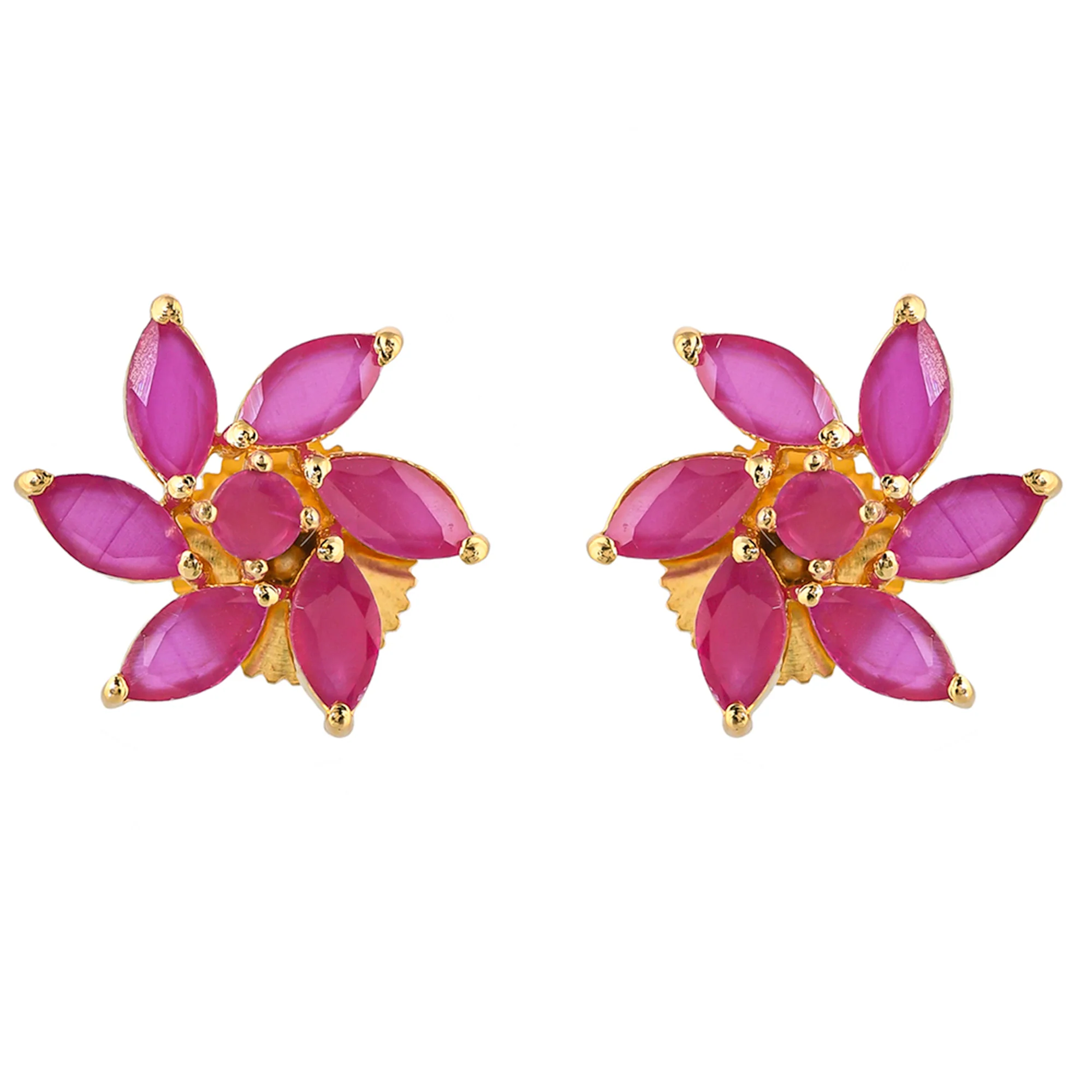 Pink Marquise Cut CZ Floral Motif Stud Earrings - Image 3
