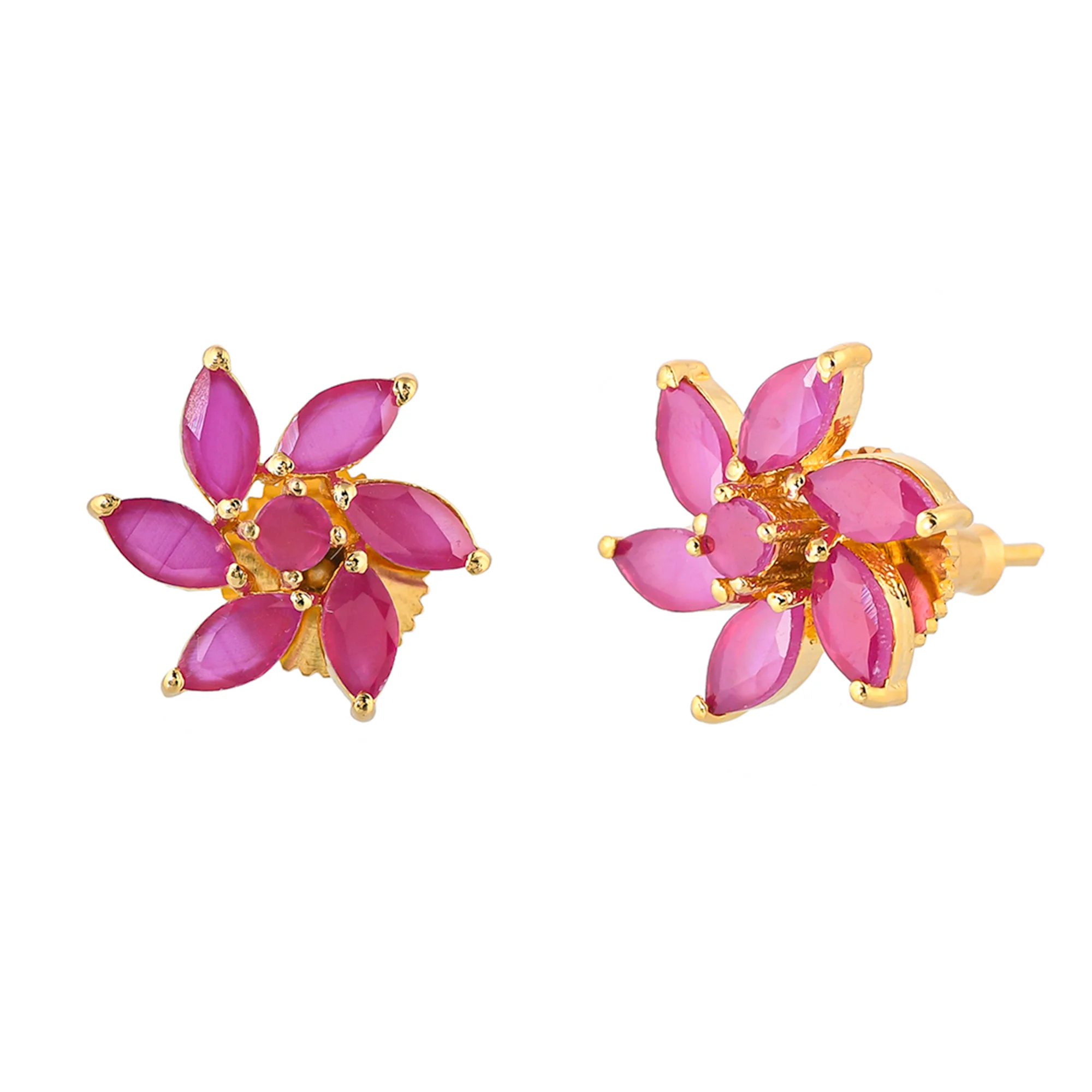 Pink Marquise Cut CZ Floral Motif Stud Earrings - Image 4