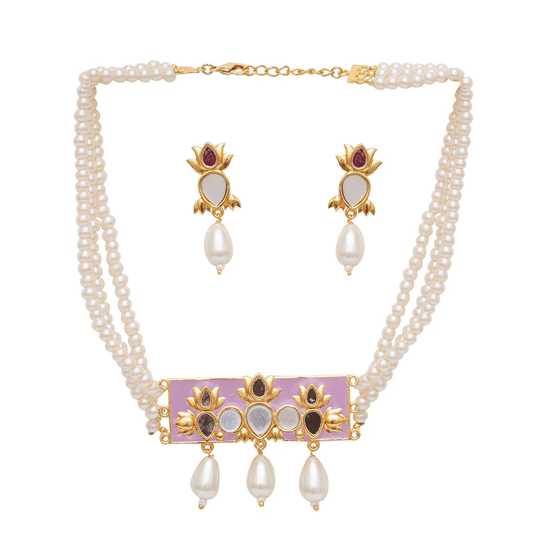 Festive Hues Pink Pearl String Short Necklace with Mirror Work Enameled Motif - Image 3