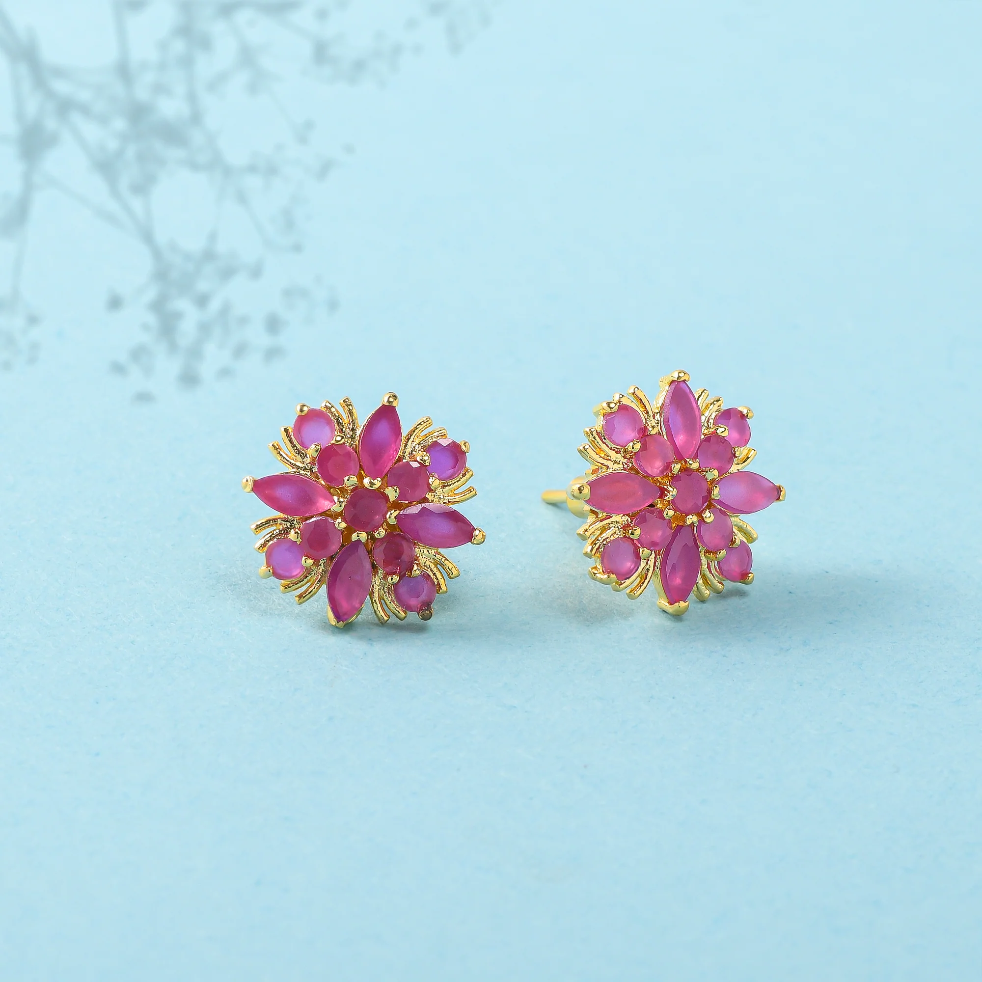 Pink Round and Marquise Cut CZ Floral Stud Earrings
